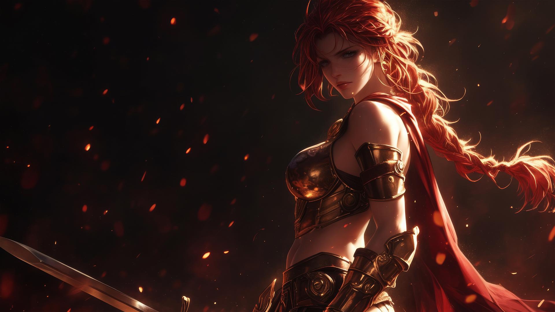 Gladiator warrior girl on dark background with spotlight and thigh focus