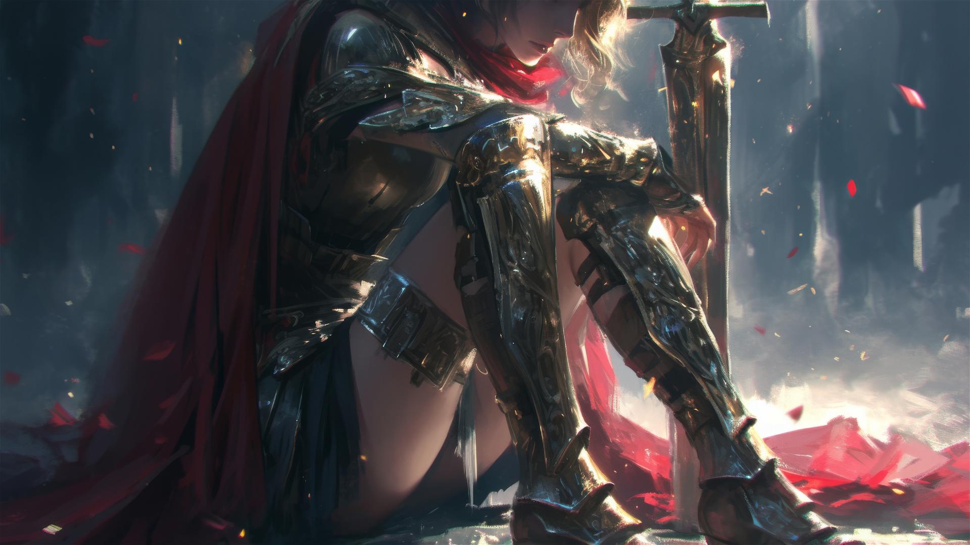 Gladiator Warrior Girl on dark background with spotlight and thigh focus