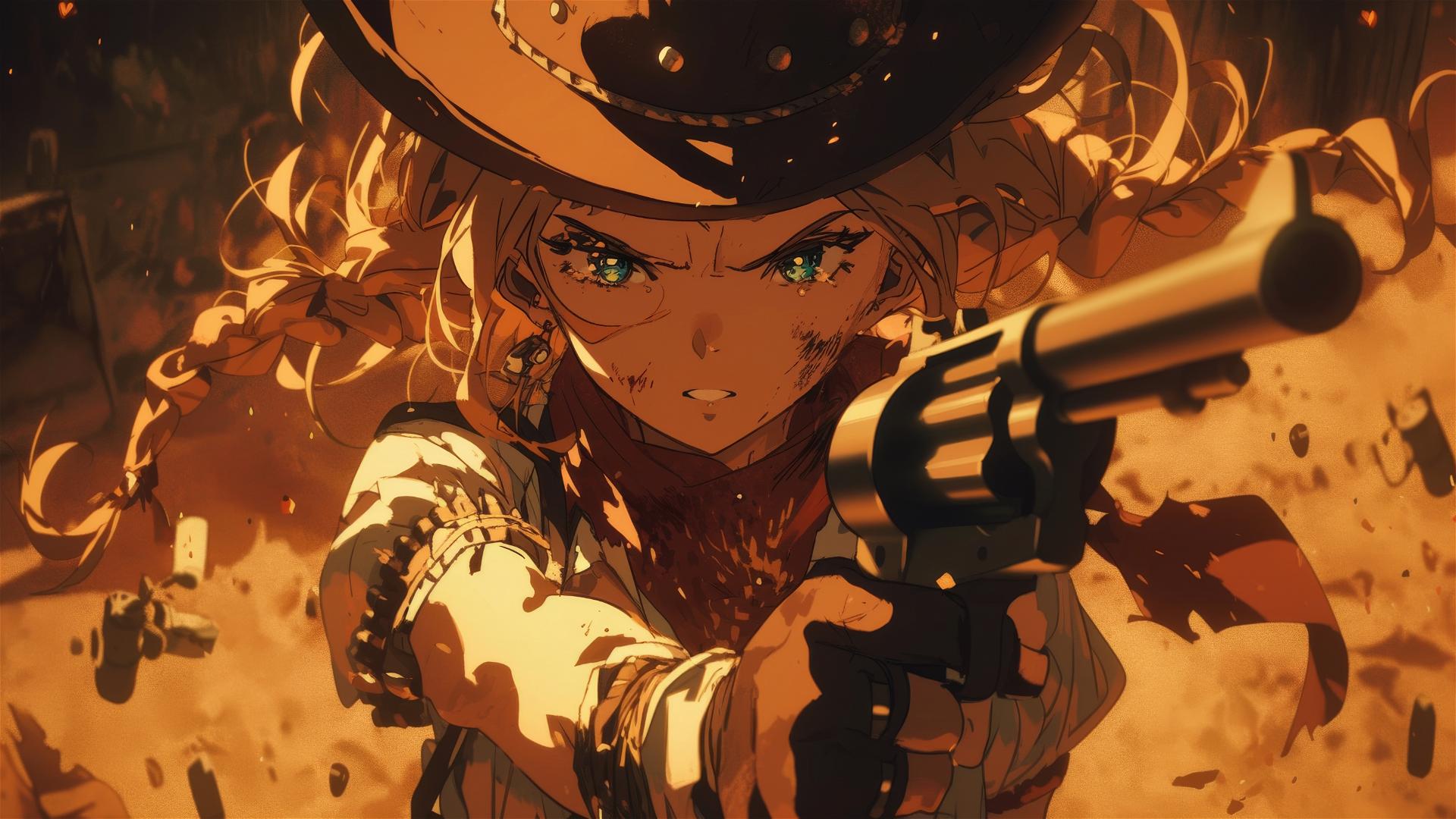 Wild West gunslinger girl with focus on thighs against dark background with spotlight effect