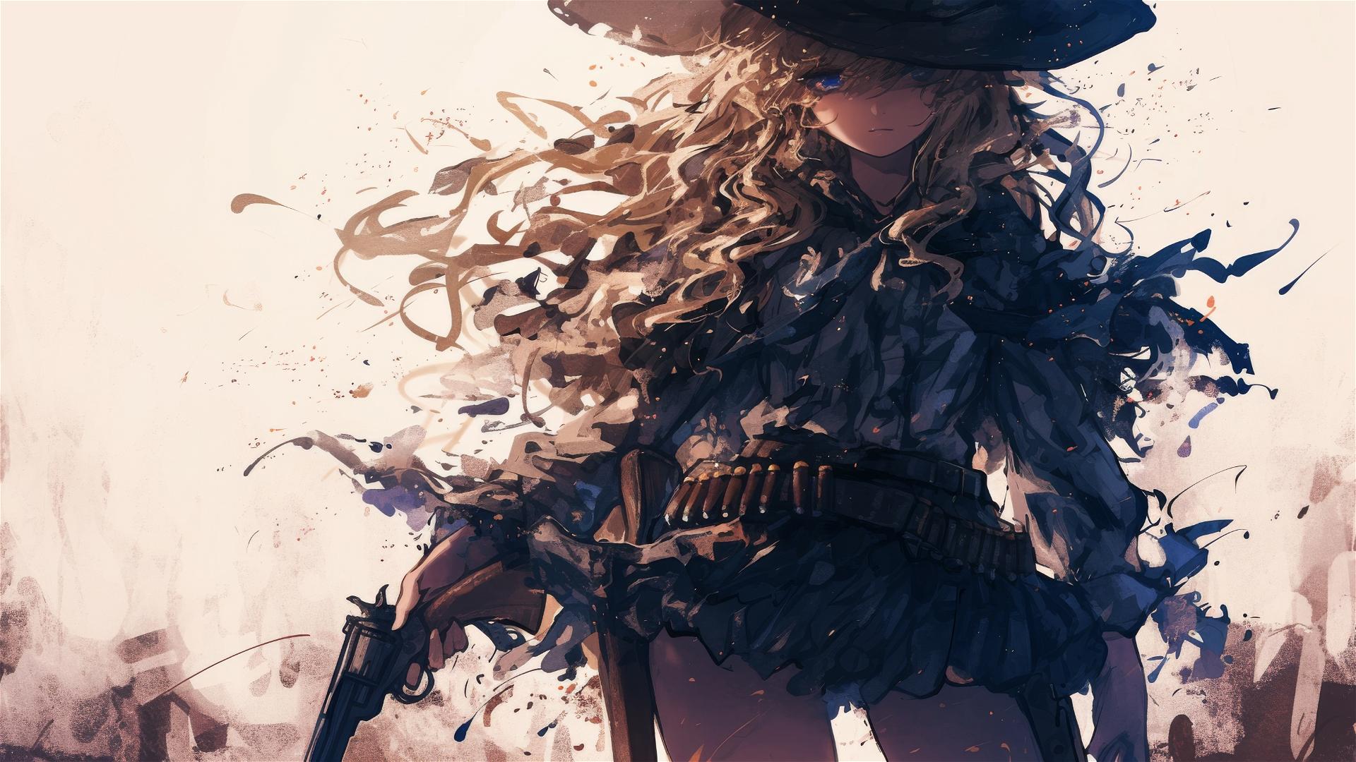 Wild West gunslinger girl with thigh focus on dark background