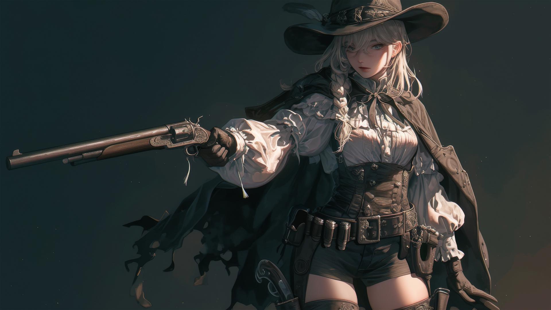 Wild West Gunslinger Girl with thigh focus on a dark background with spotlight effect