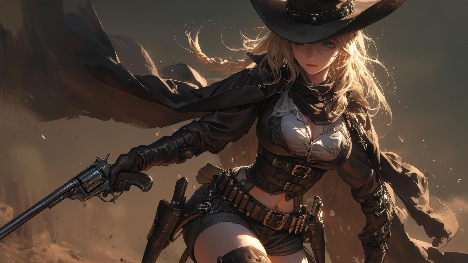 Wild West Gunslinger Girl with a dark background and thigh focus under spotlight