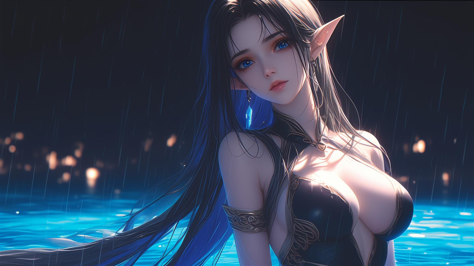 Fantasy Elf girl resting by rainy pool with moonlight glow