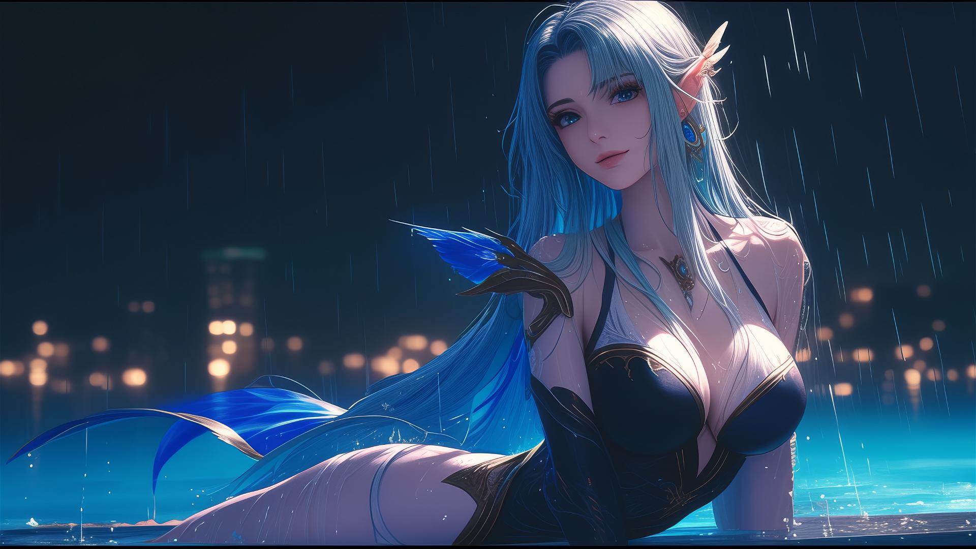 Fantasy Elf girl resting by rainy pool with moonlight glow