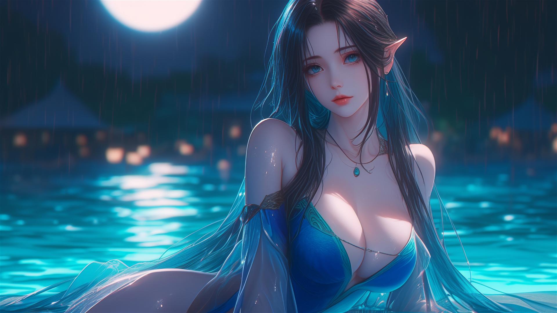 Fantasy Elf girl resting by pool with moonlight glow