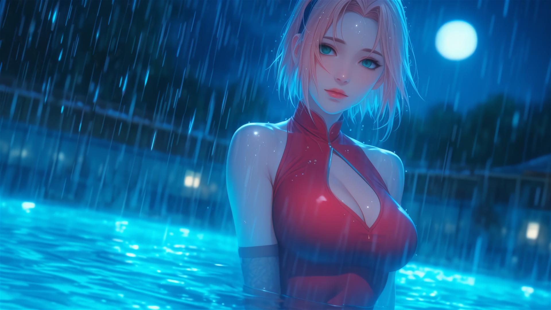 Haruno Sakura from Naruto standing in a rainy pool under moonlight