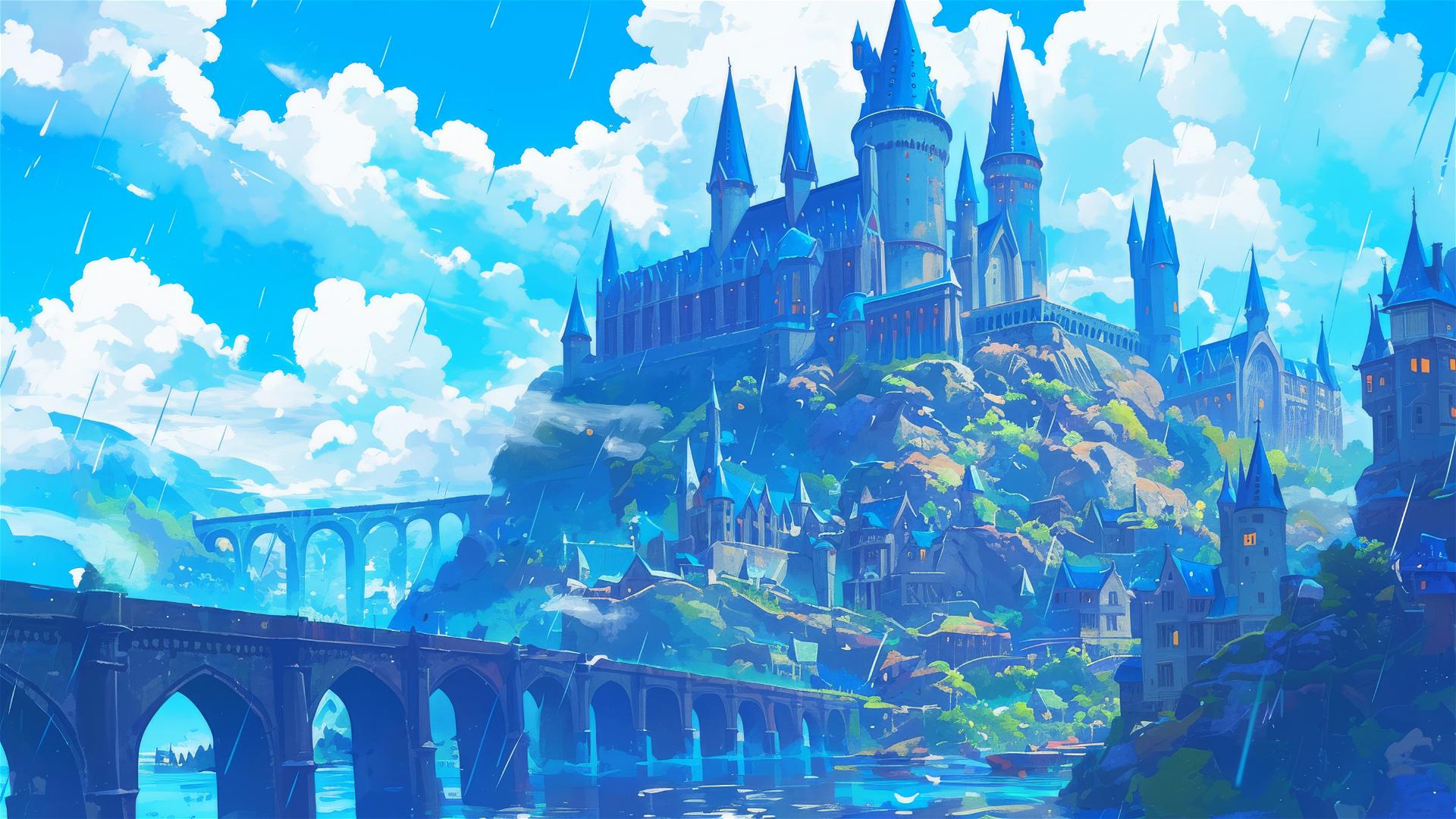 Ghibli-inspired Hogwarts in the rain
