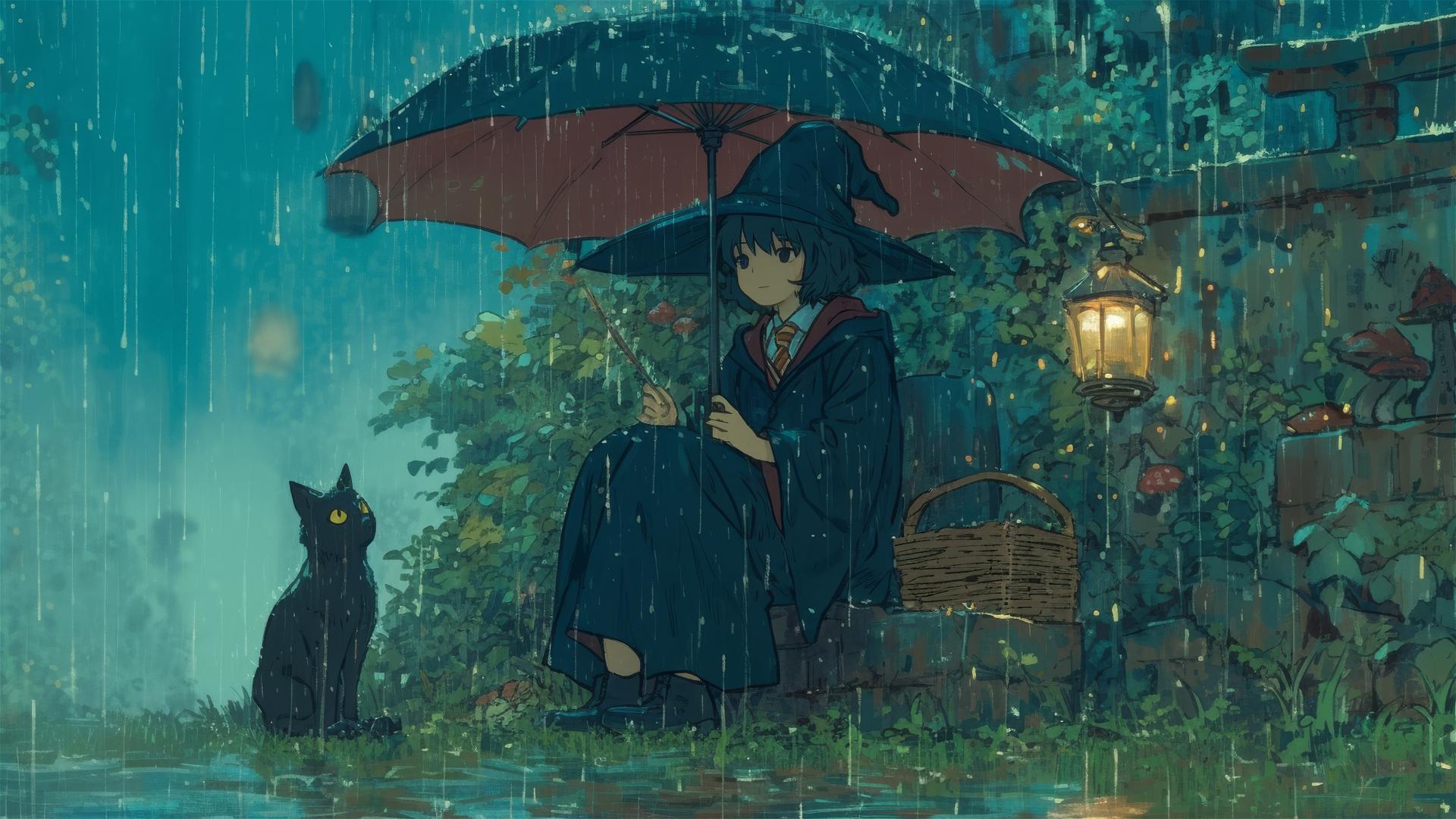 Ghibli-inspired Hogwarts illustration on a rainy day
