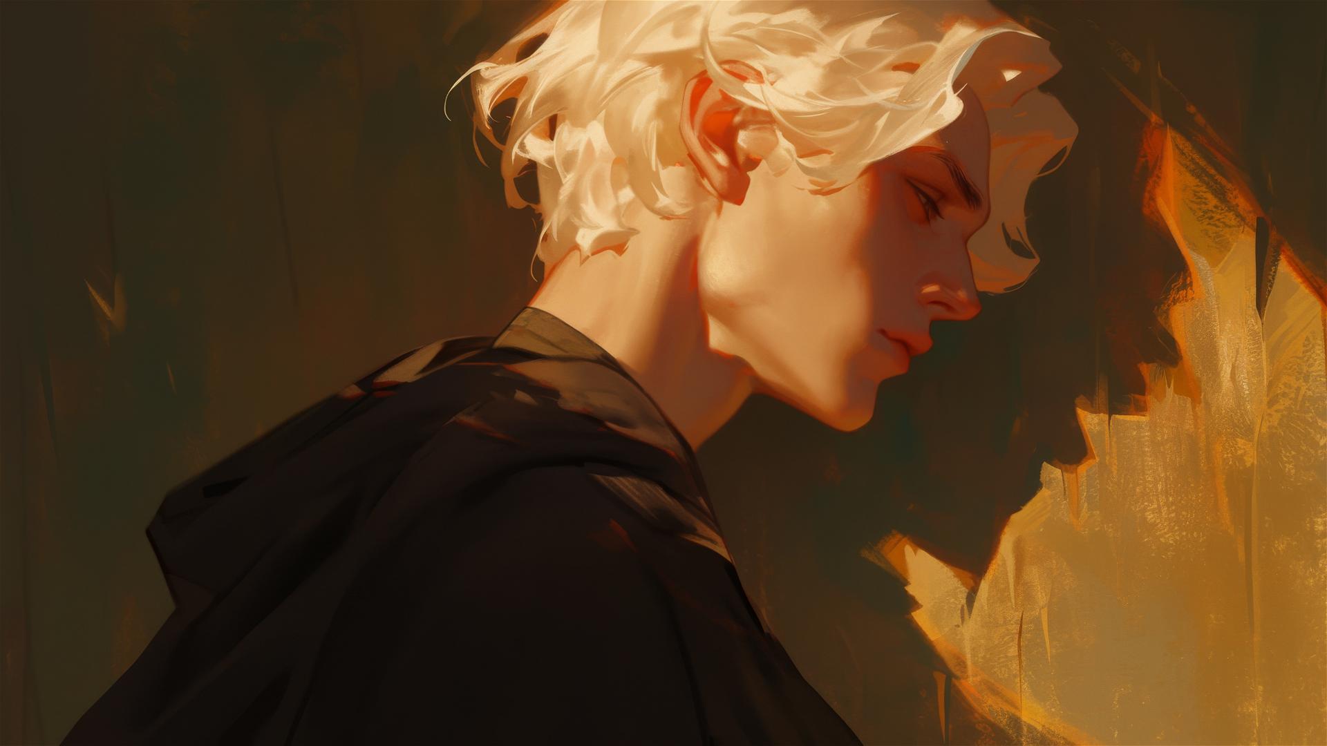 Illustration of Draco Malfoy with a spotlight effect on a dark background