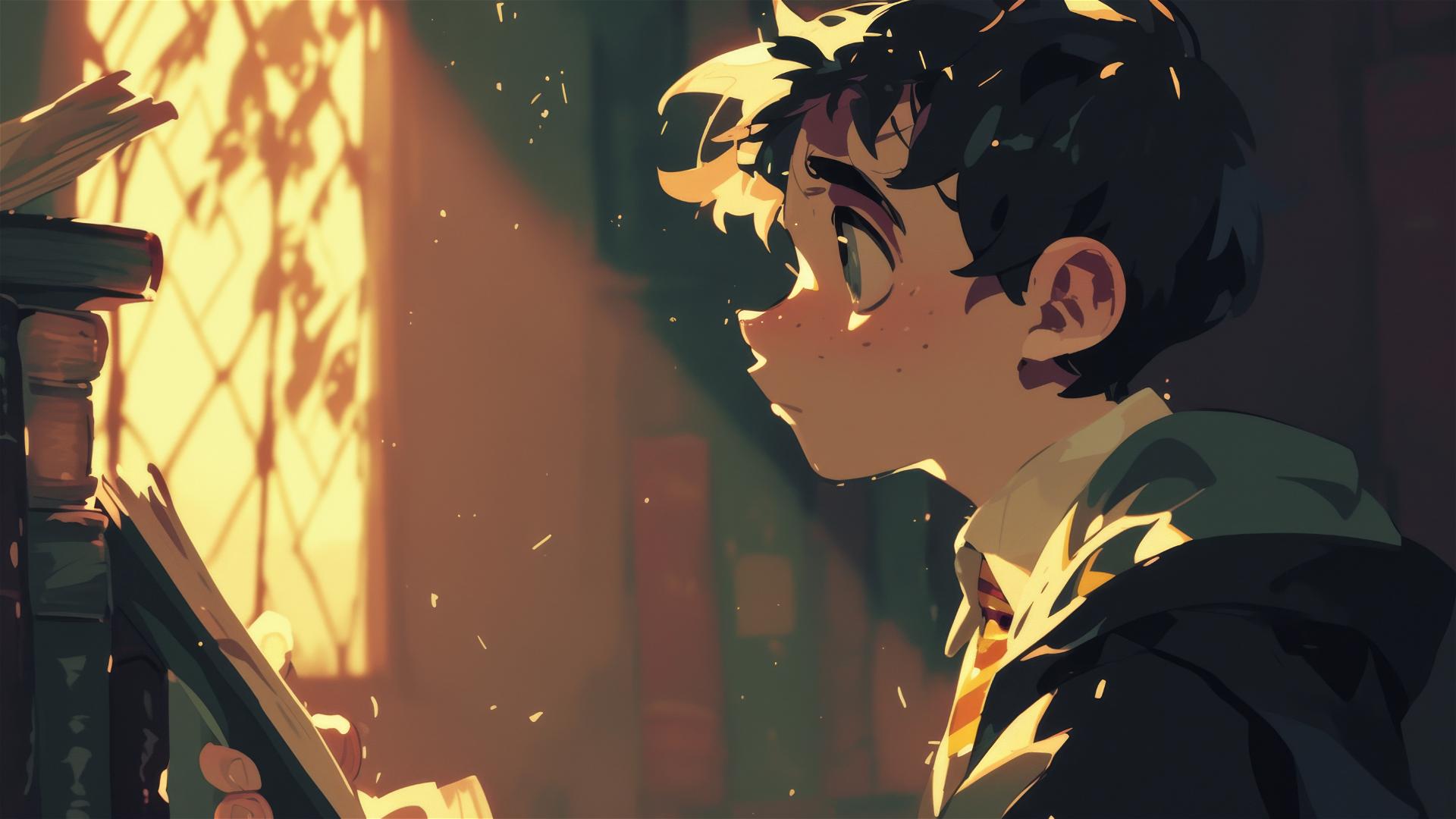Neville Longbottom from Harry Potter illustration on dark background with spotlight
