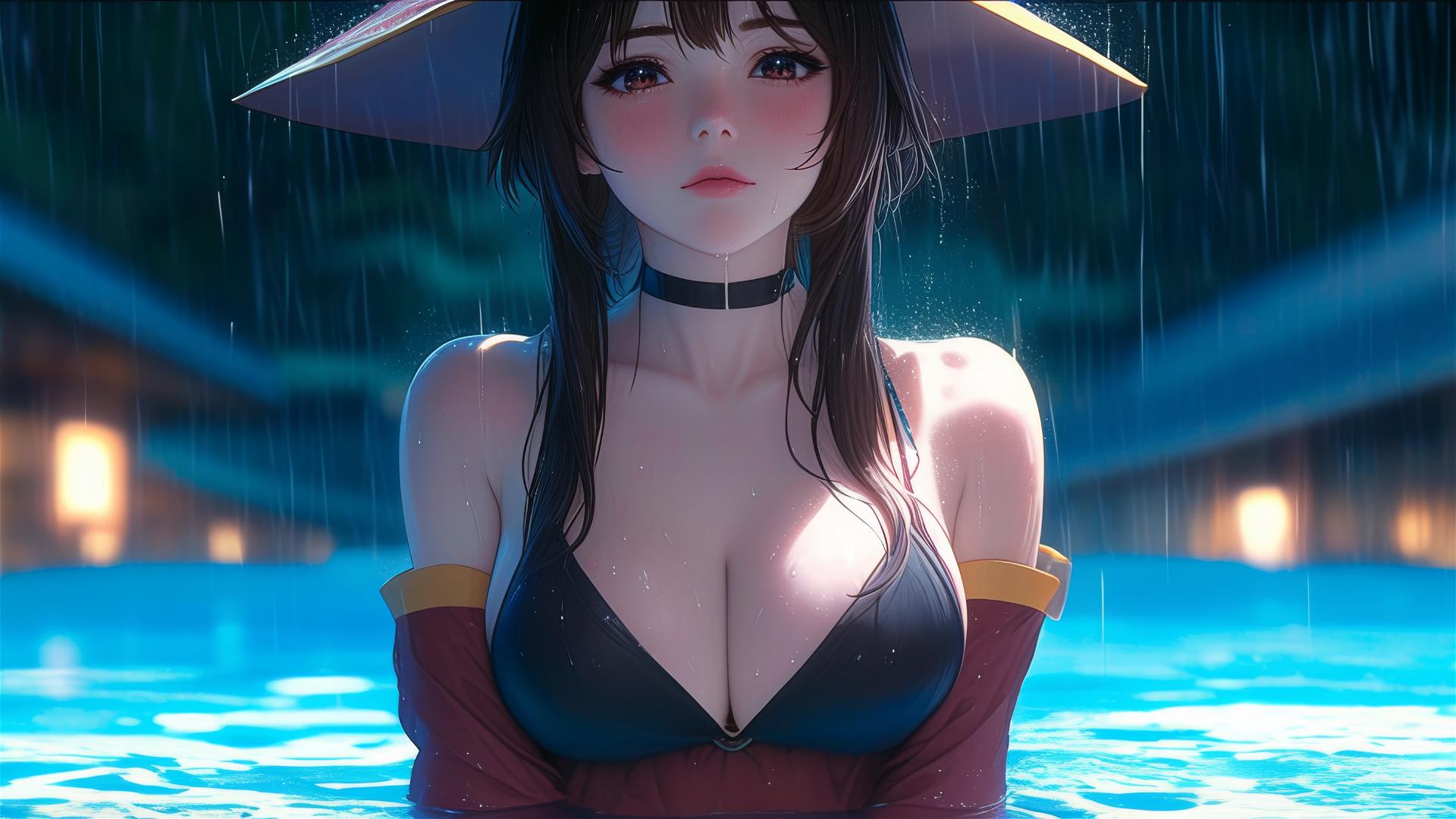 Megumin from KonoSuba in pool under moonlight, rainy ambiance