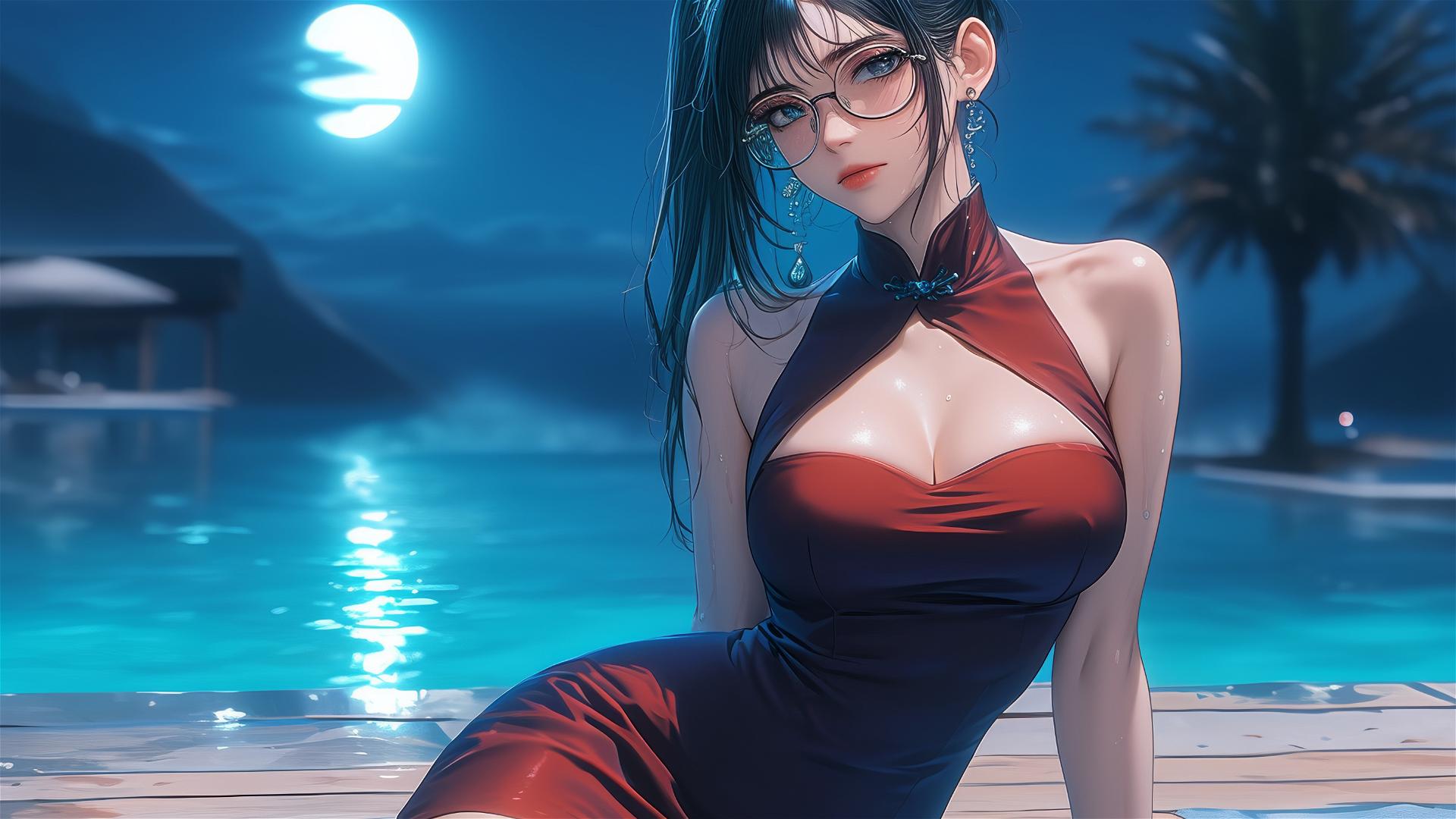 Maki Zenin from Jujutsu Kaisen resting by pool in moonlight, rain, red dress, glasses