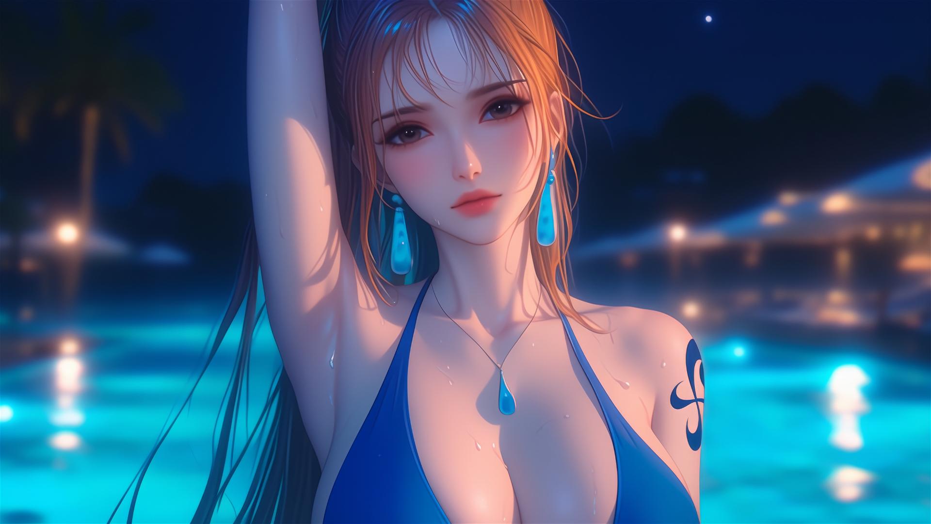 Nami from One Piece resting by pool in moonlight with rain