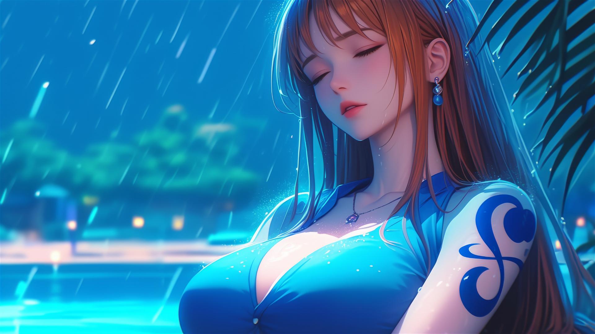 Nami from One Piece by the pool under moonlight, rainy evening