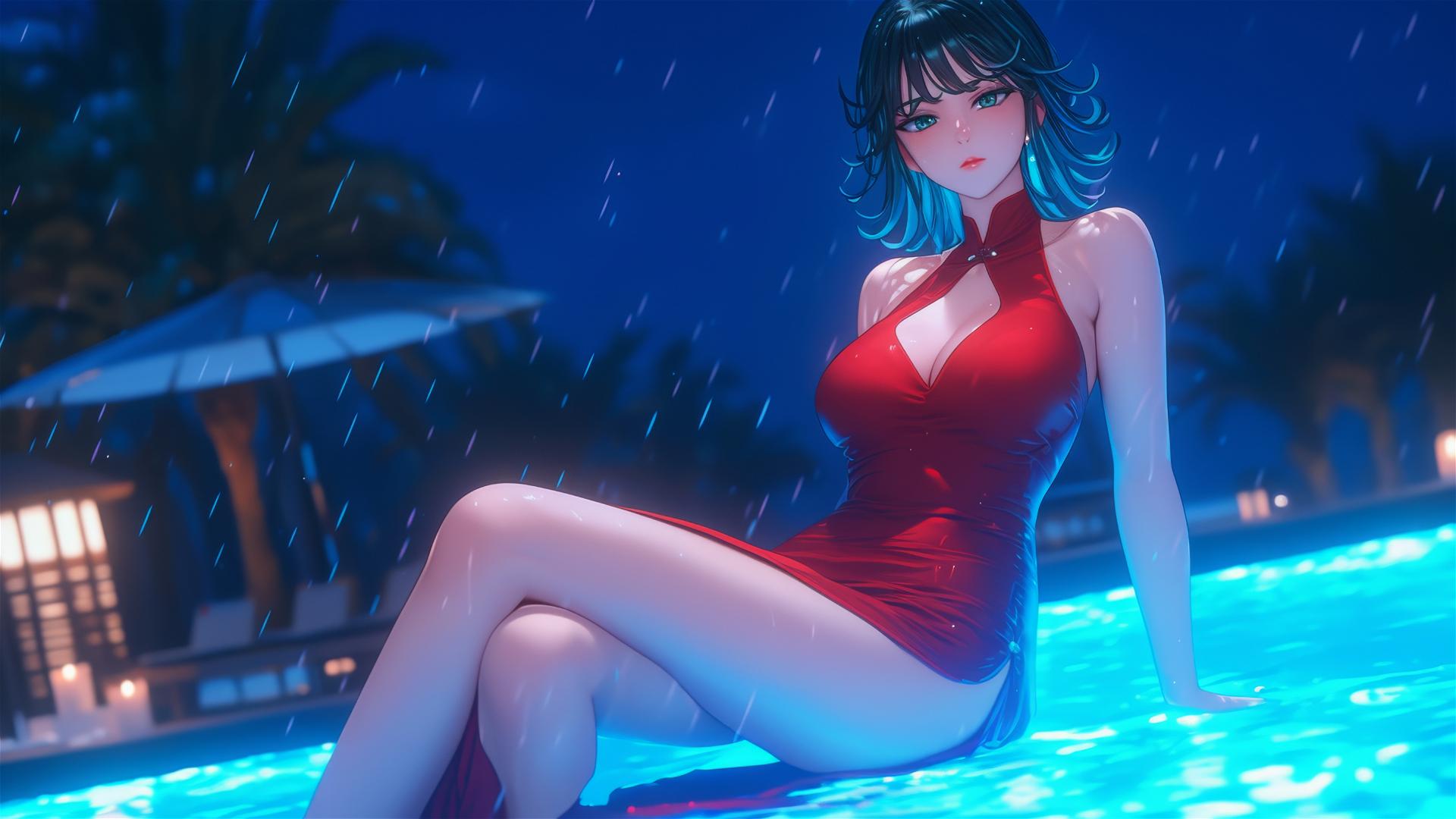 Tatsumaki from One-Punch Man resting by poolside under moonlight, rain, red dress