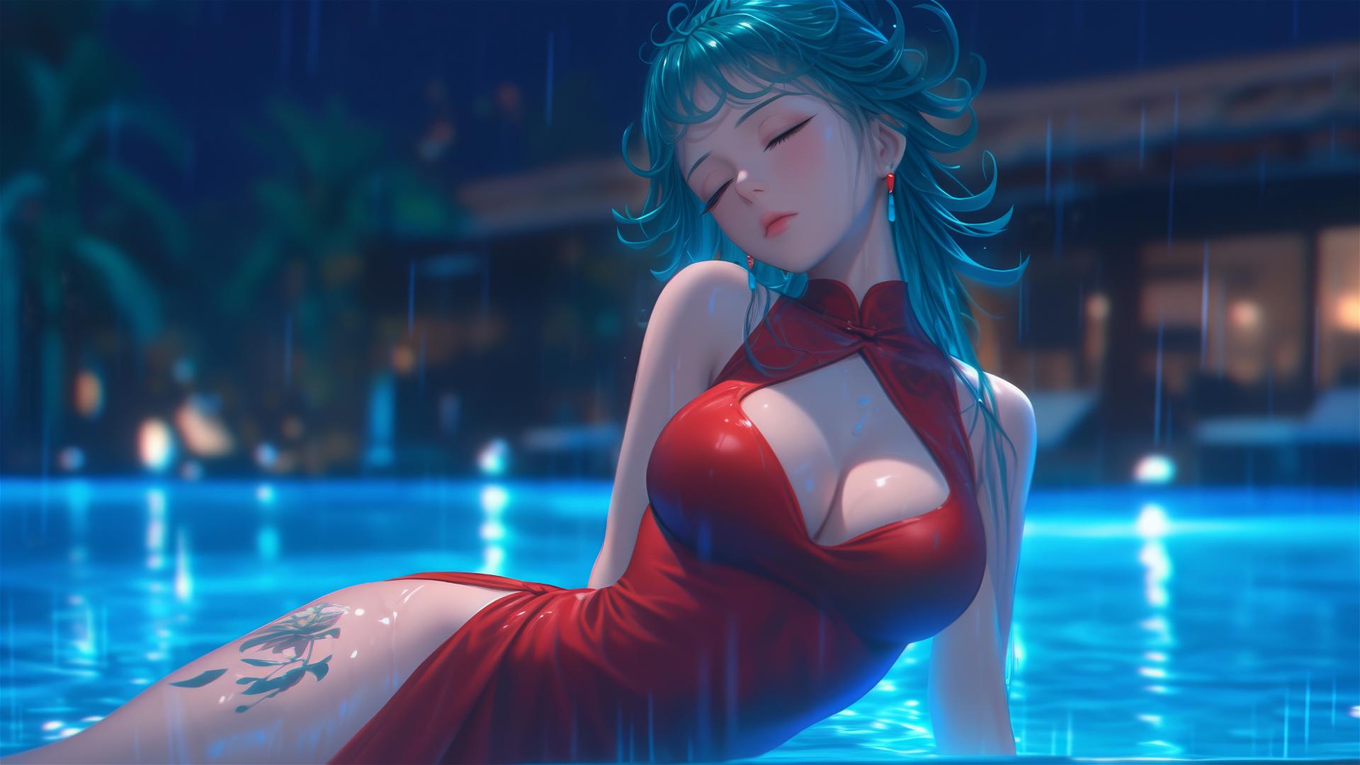 Tatsumaki resting by the pool in moonlight, red dress, rainy ambiance