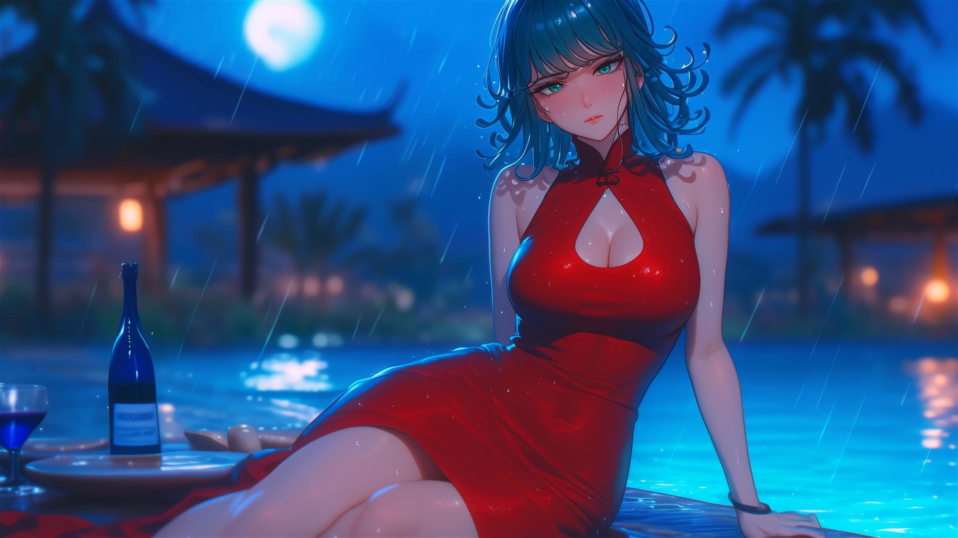 Tatsumaki from One-Punch Man resting by the pool under moonlight, raining, wearing red