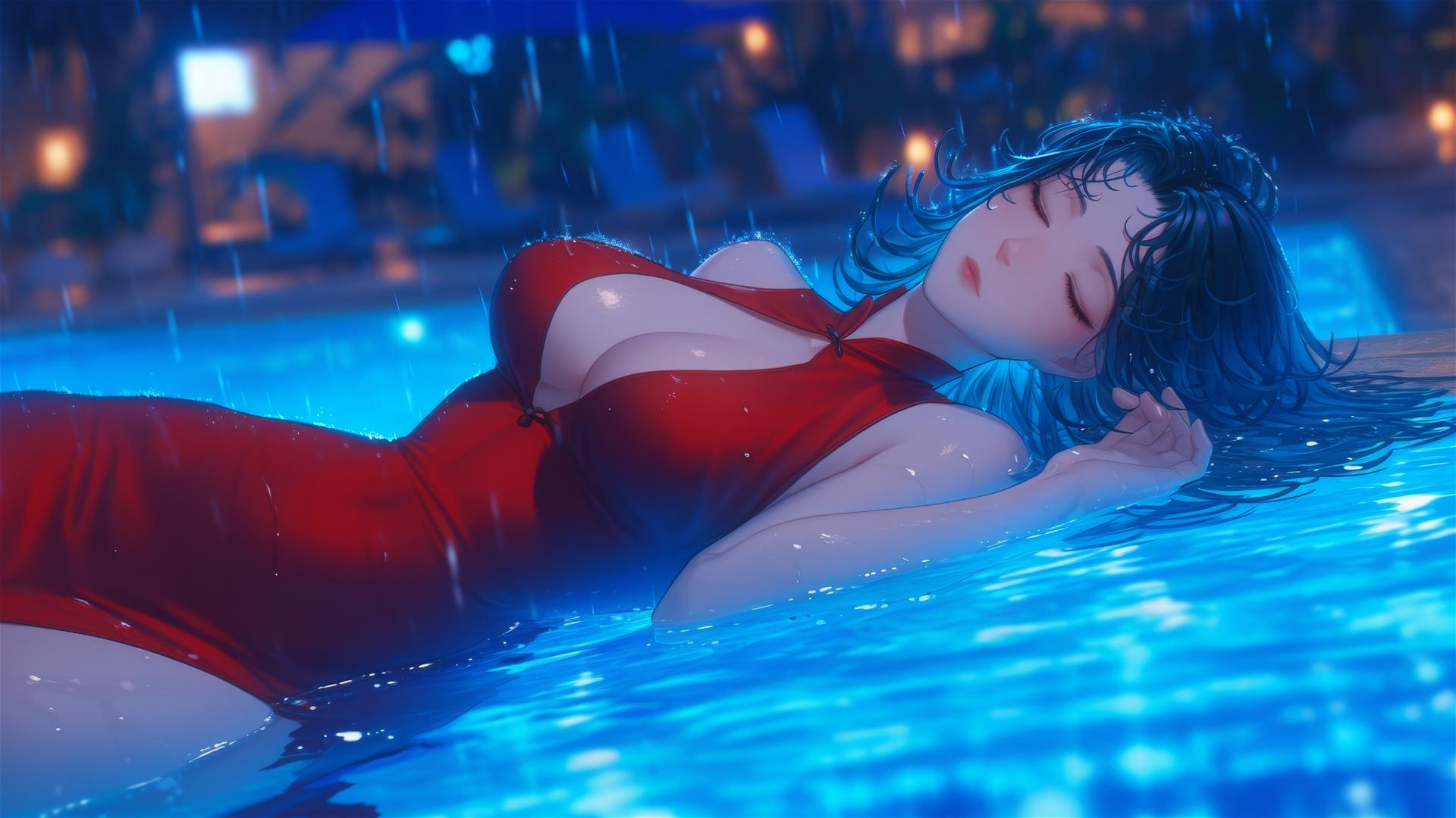 Tatsumaki from One-Punch Man resting by poolside under moonlight in rain