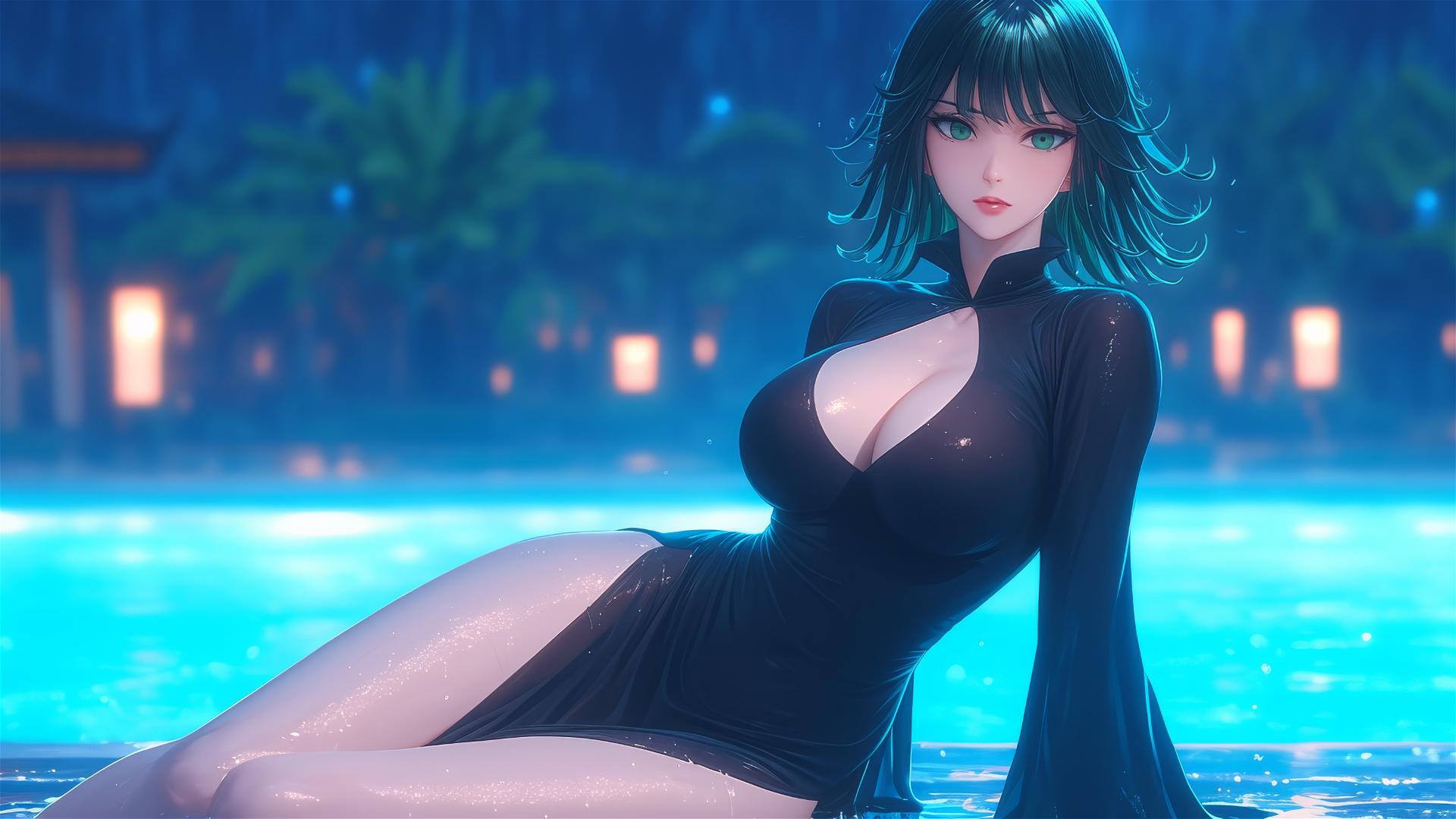 Tatsumaki from One-Punch Man resting by pool under moonlight in red dress during rain.