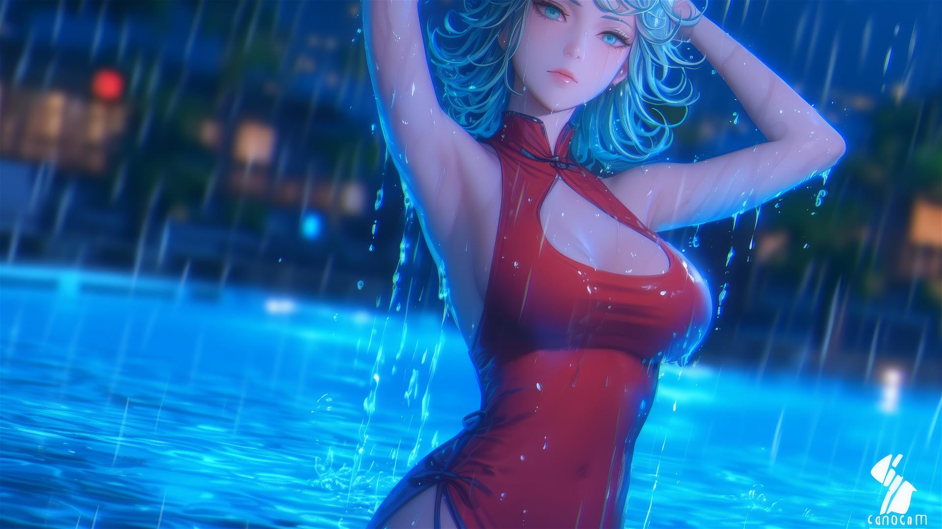 Tatsumaki from One-Punch Man beside a pool, moonlight illuminating her, in the rain wearing a red dress
