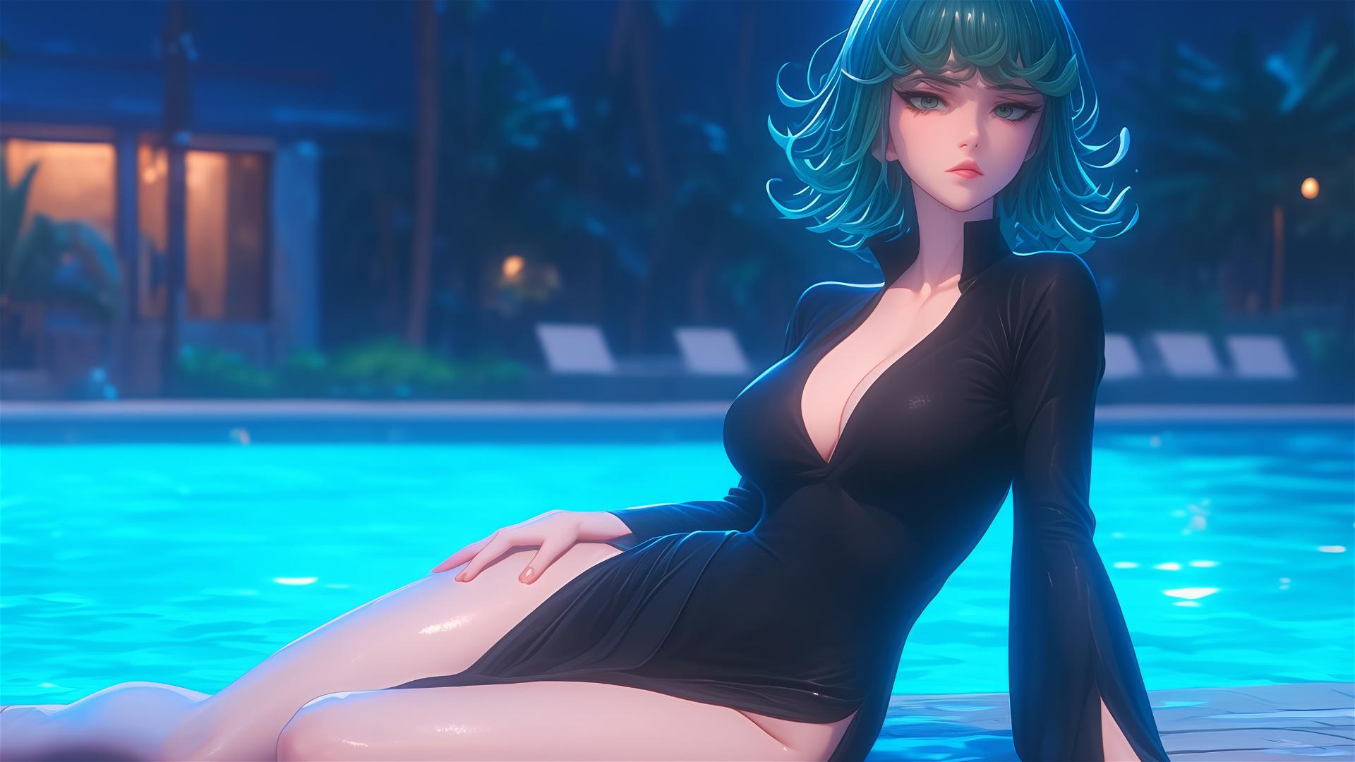 Tatsumaki from One-Punch Man resting by the pool under moonlight
