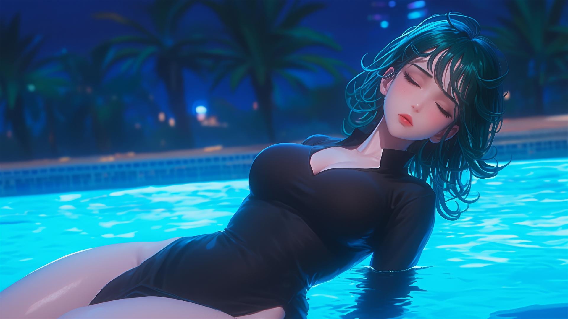 Tatsumaki from One-Punch Man resting by poolside under moonlight