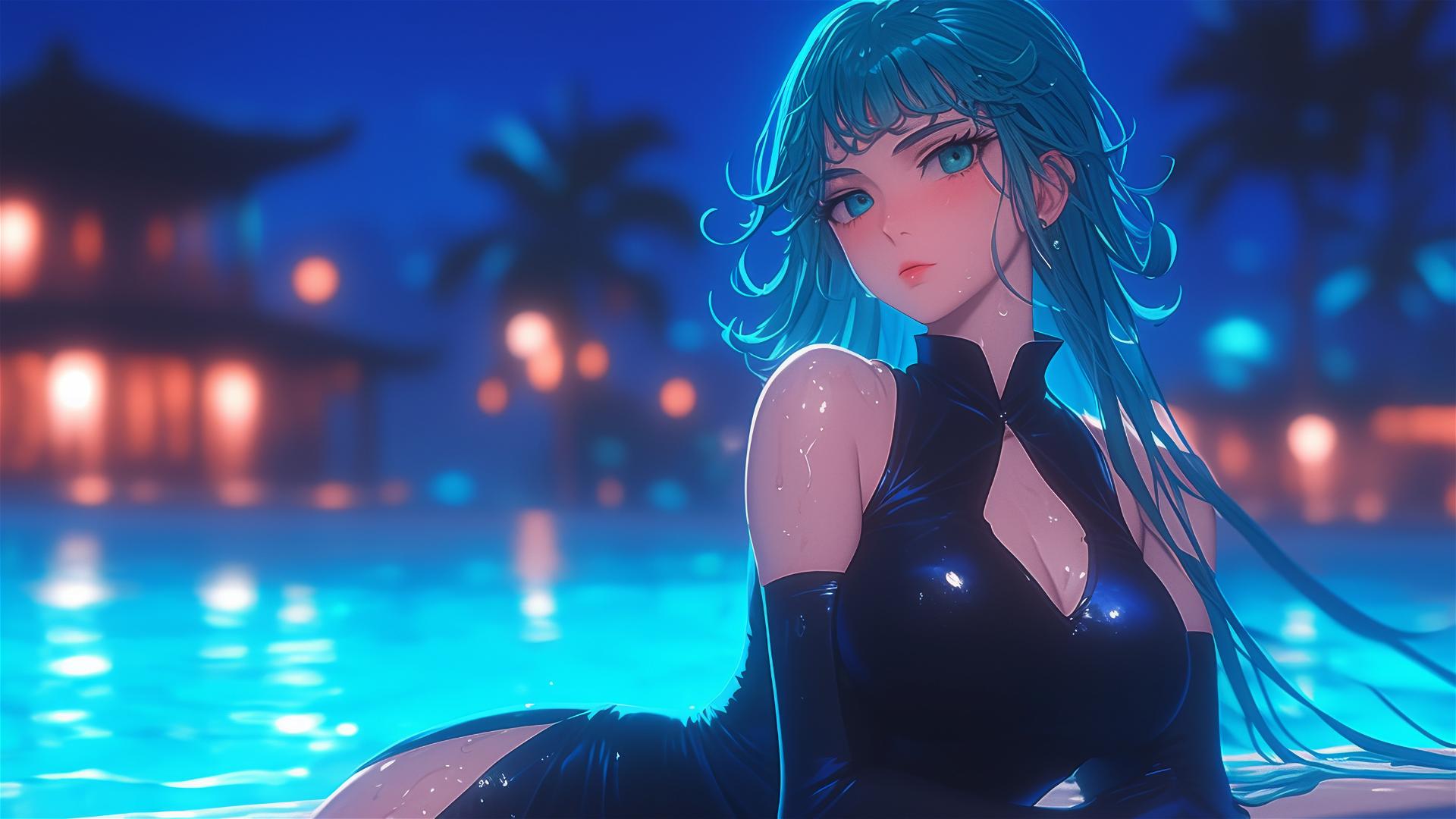 Tatsumaki from One-Punch Man relaxing by the pool under moonlight