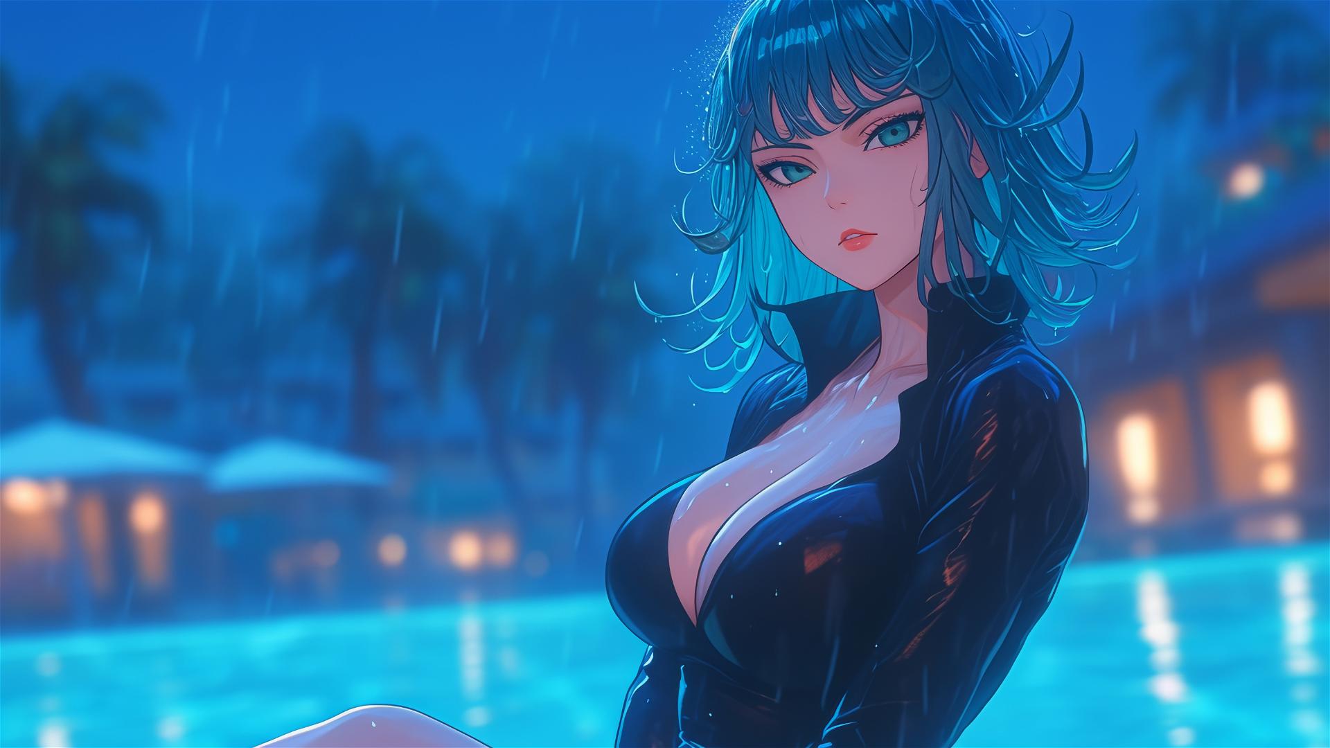 Tatsumaki from One-Punch Man resting by pool under moonlight