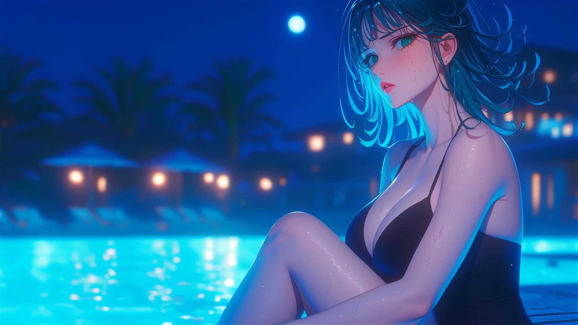 Tatsumaki from One-Punch Man resting by the pool under moonlight