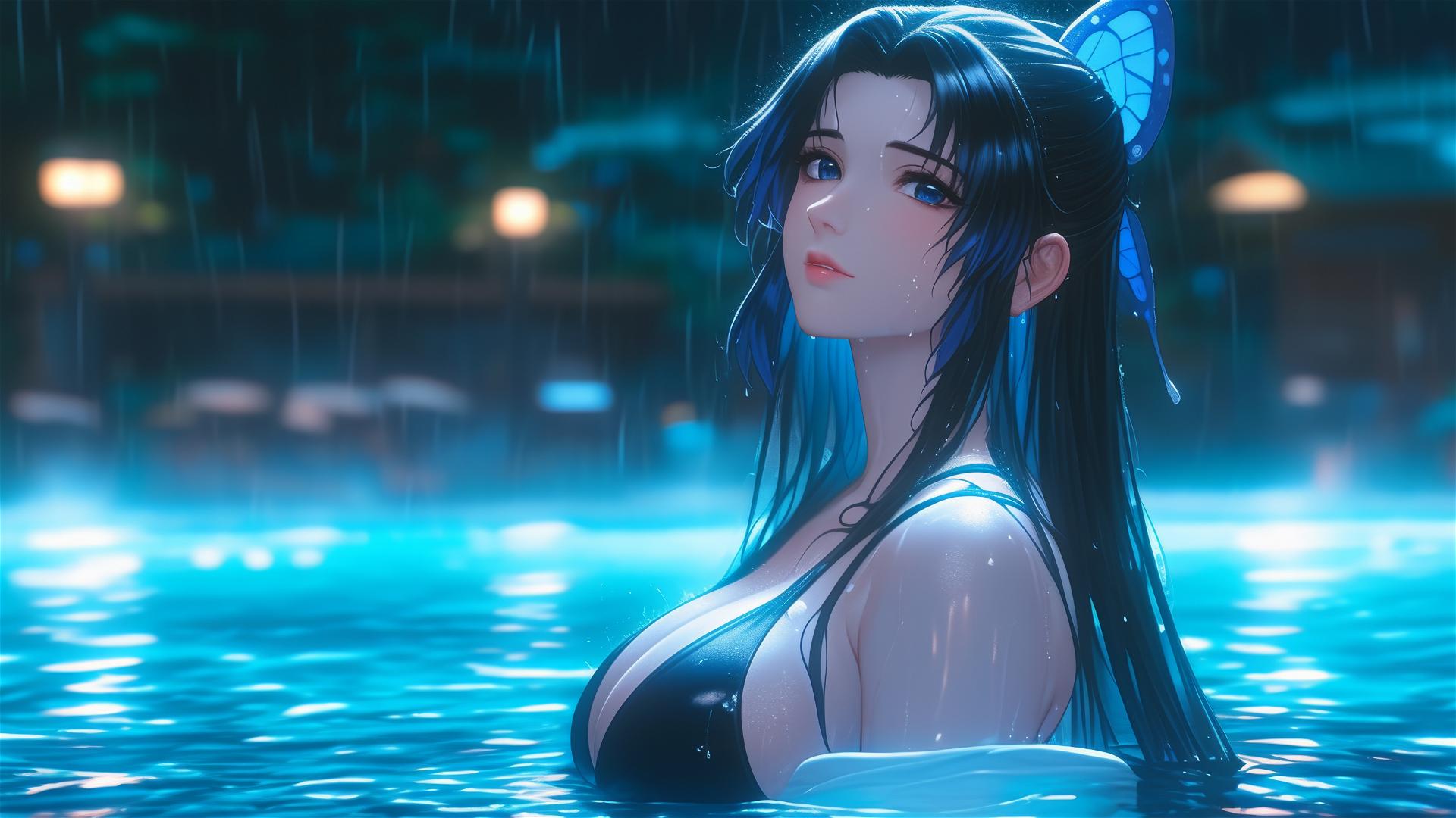 Shinobu Kocho in a rainy pool with moonlight