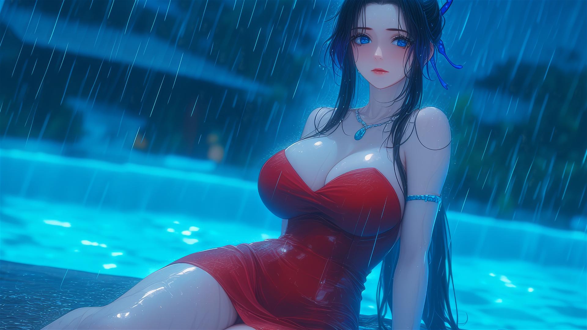 Shinobu Kocho resting by pool in moonlight, rain, red dress