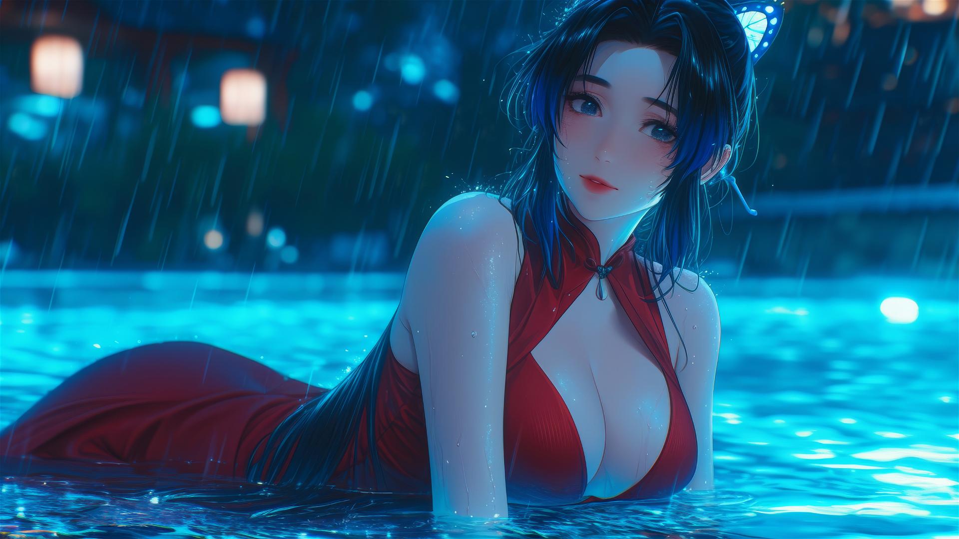 Shinobu Kocho resting by pool in moonlight with rain and red dress
