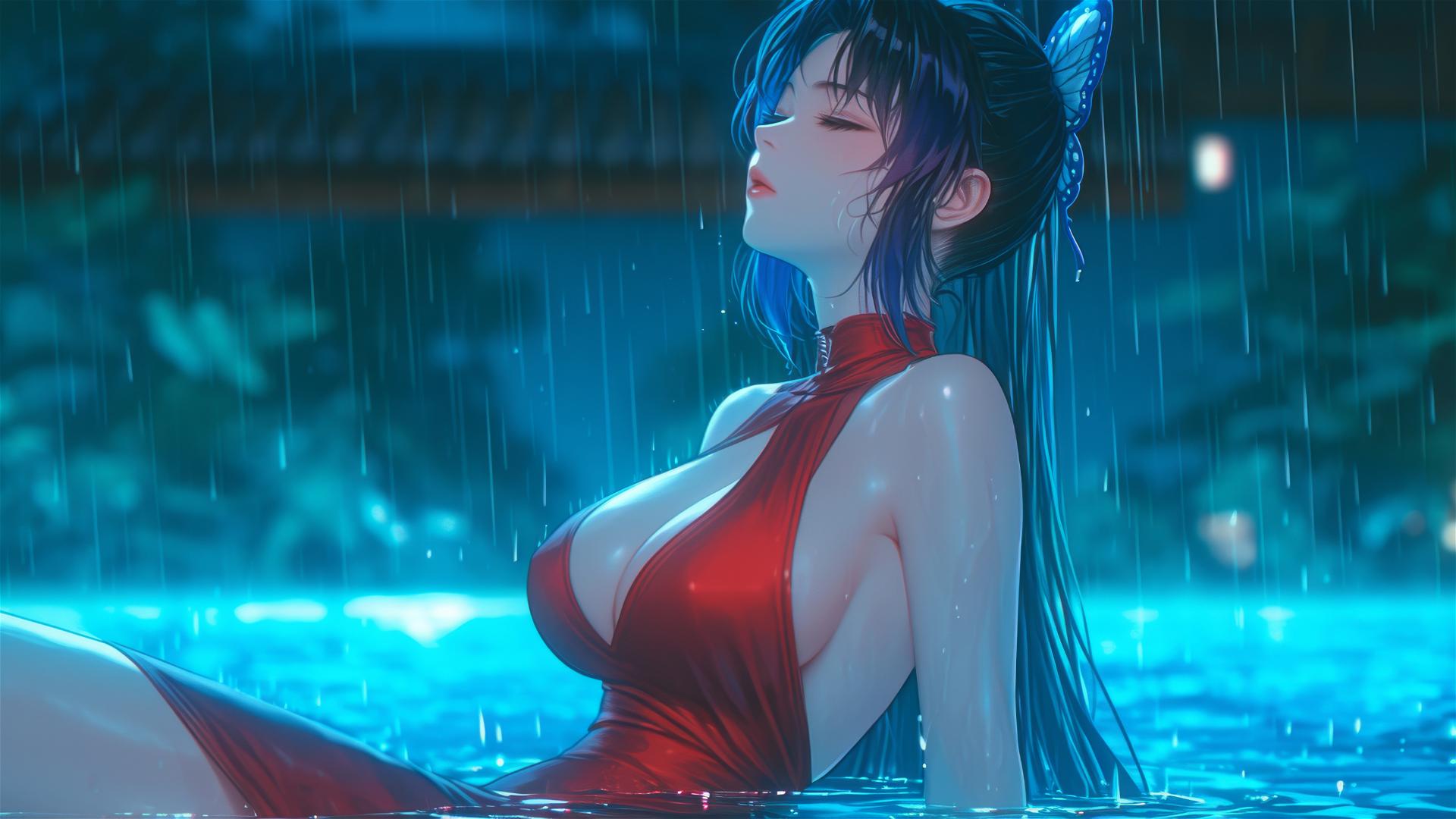 Shinobu Kocho by rainy pool, moonlight glow on red dress