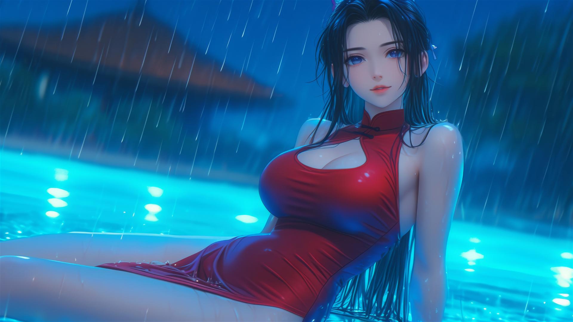 Shinobu Kocho resting by pool in moonlight, rain, red dress