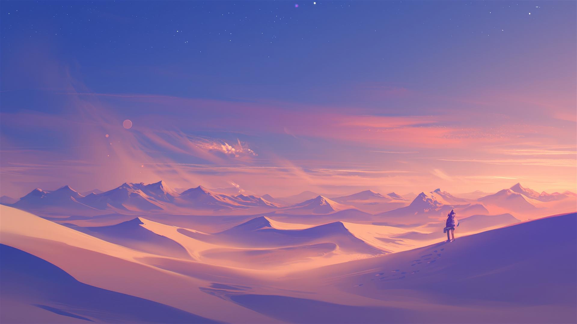 Northern Lights over desert dunes with pastel sky