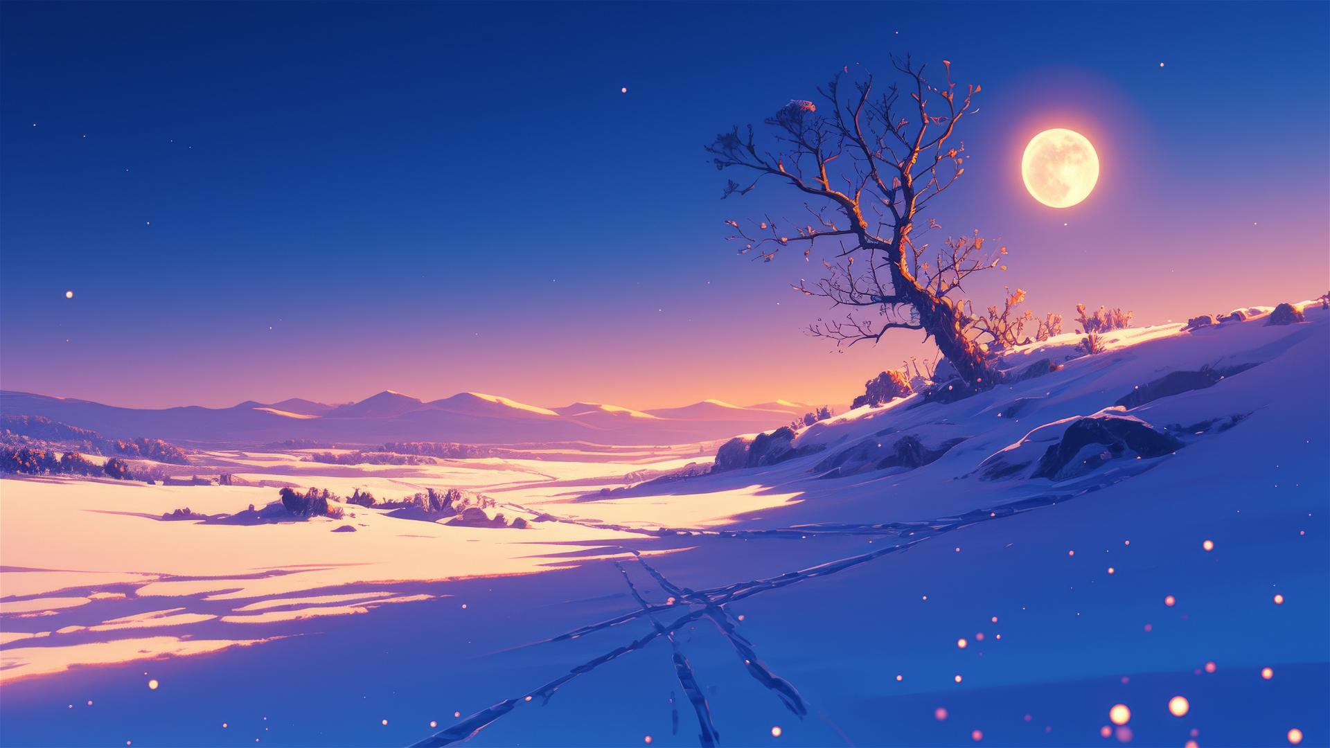 Moonlit snowfield with animal tracks under a full moon