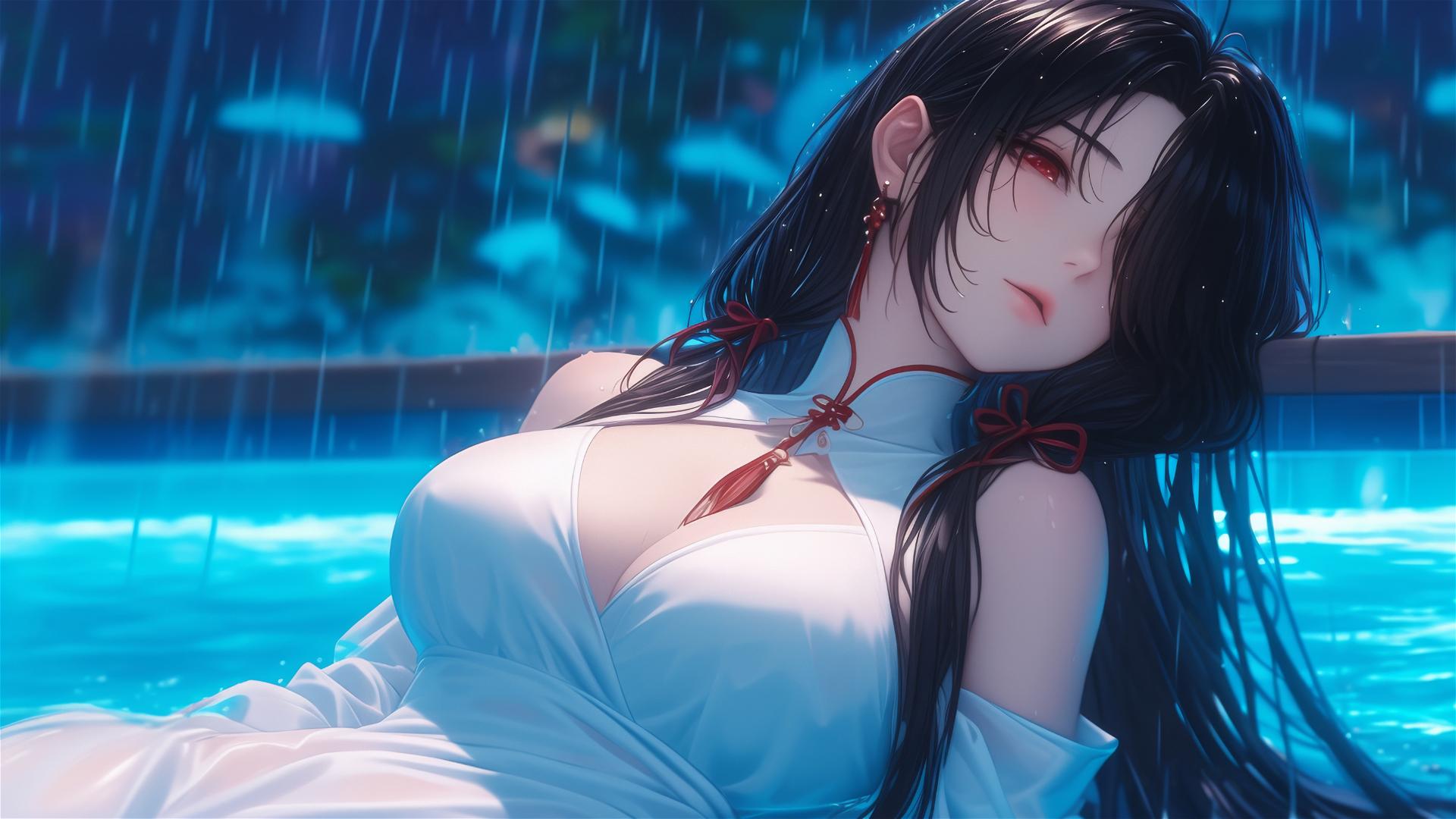 Kurumi Tokisaki resting by a pool with moonlight on her white dress, rainy scene