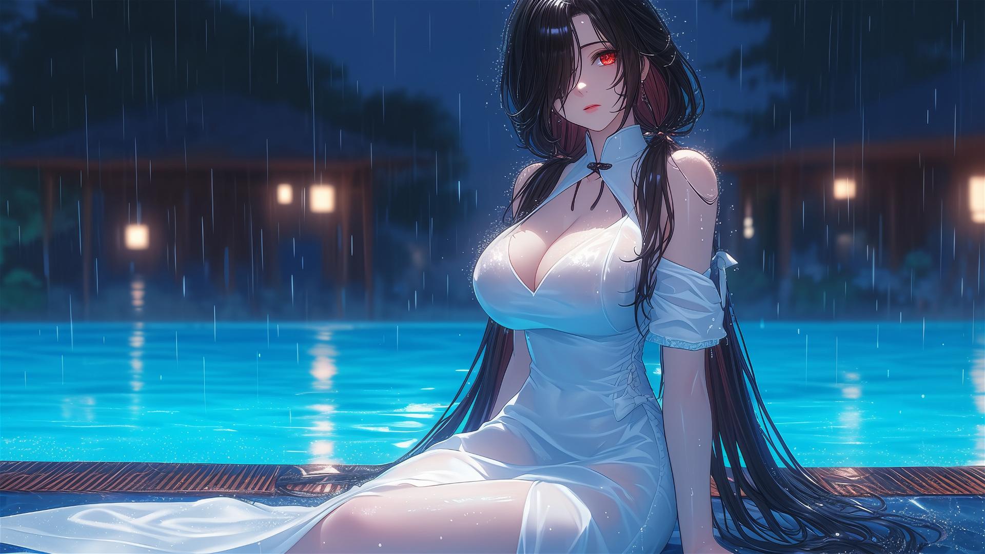 Kurumi Tokisaki by rainy pool with moonlight glow, white dress, red eye