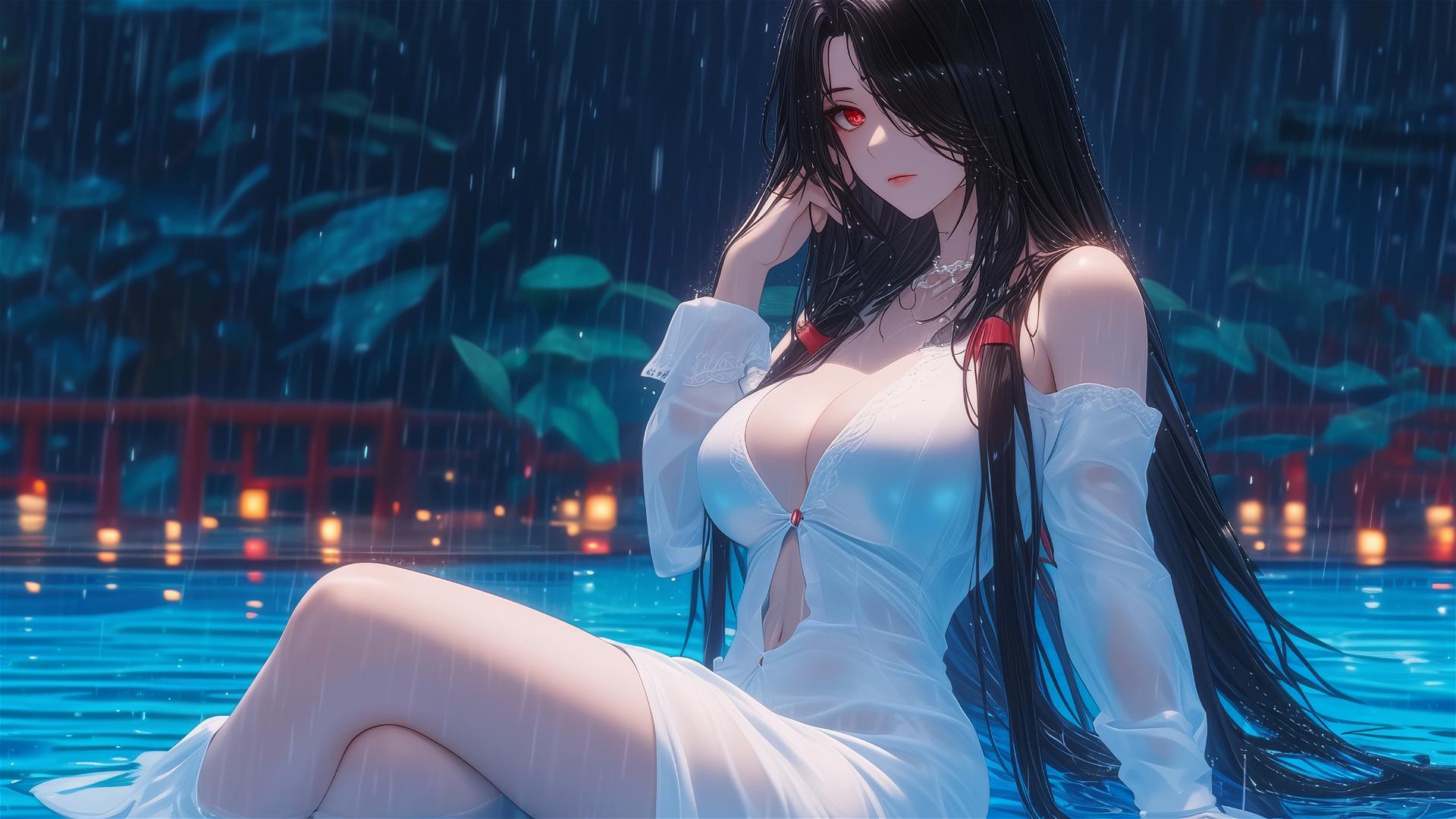 Kurumi Tokisaki resting by pool in moonlight with red eye and white dress