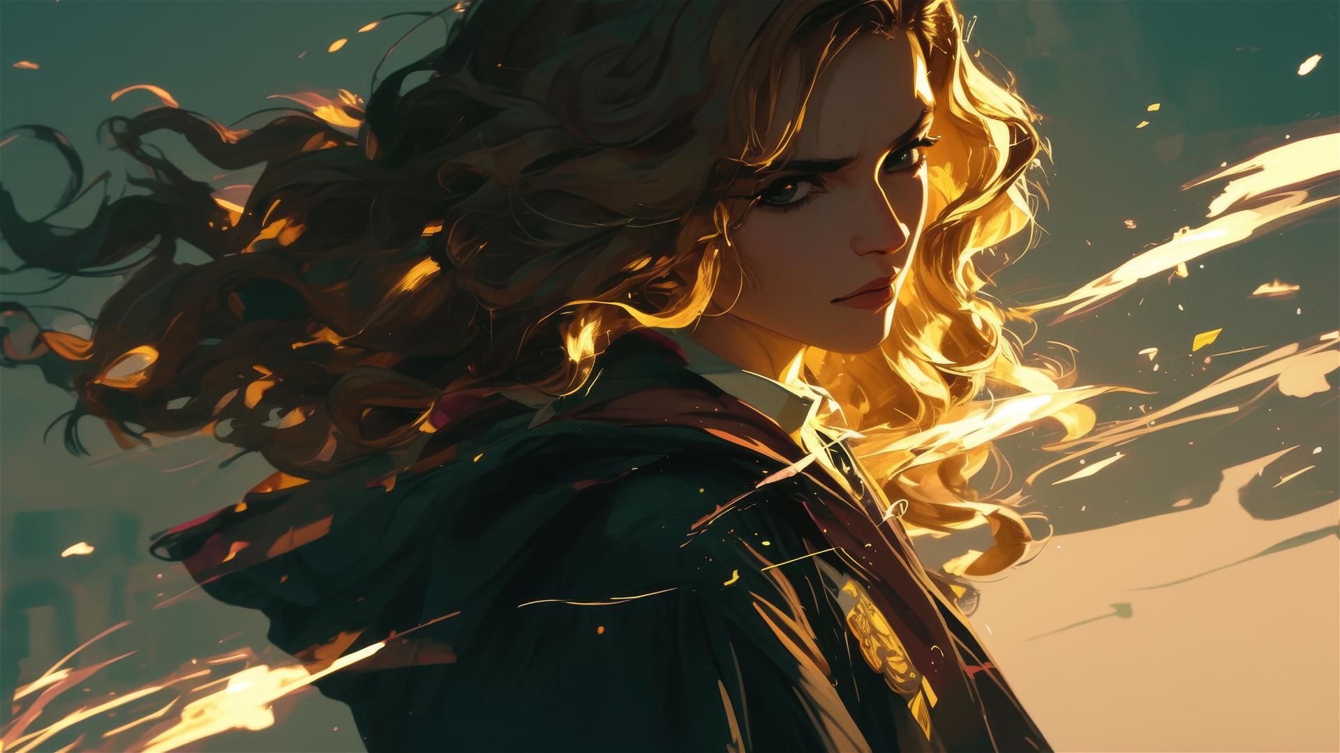 Hermione Granger drawing with spotlight on dark background