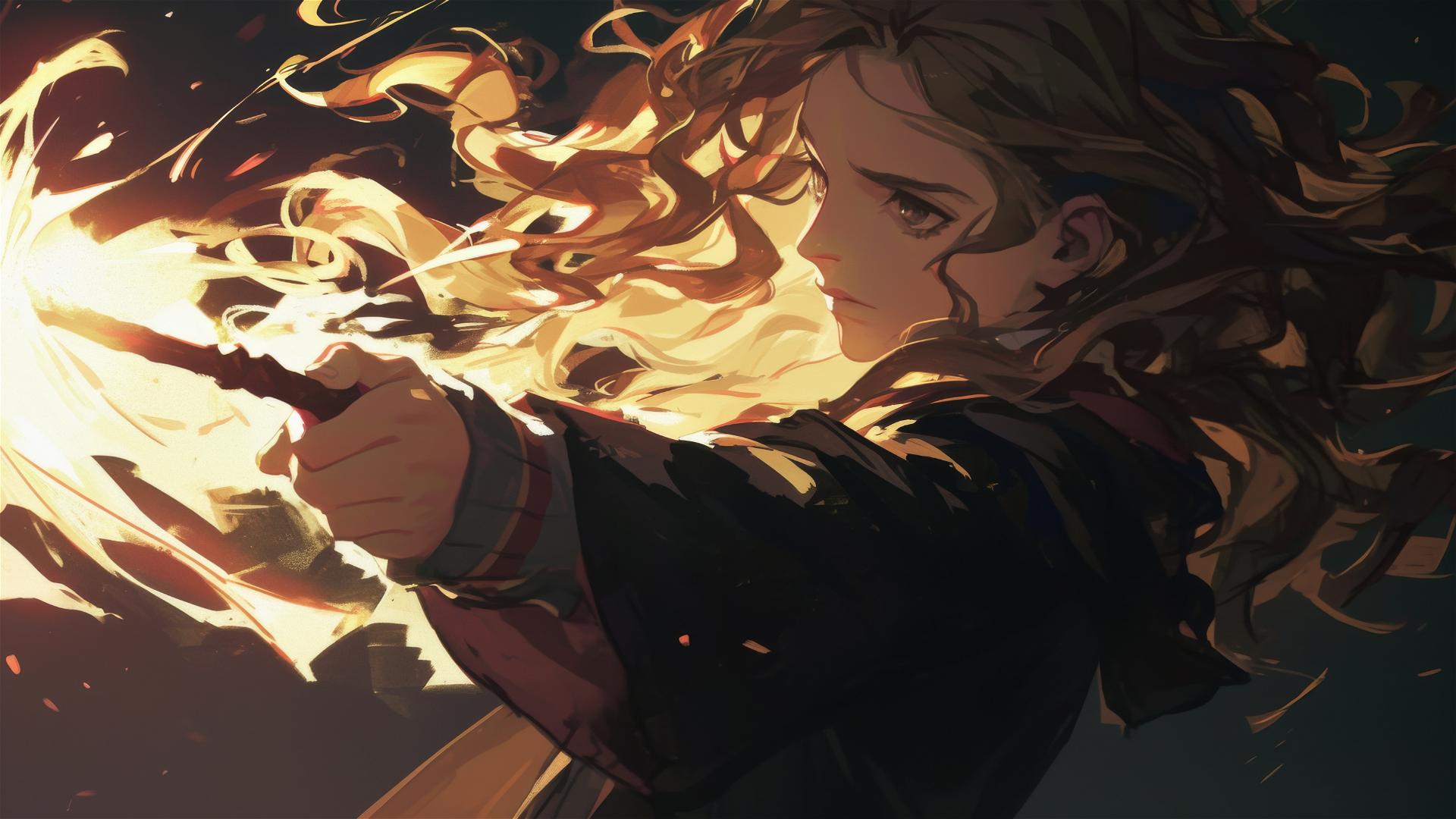 Artistic drawing of Hermione Granger in a dynamic pose with a spotlight effect