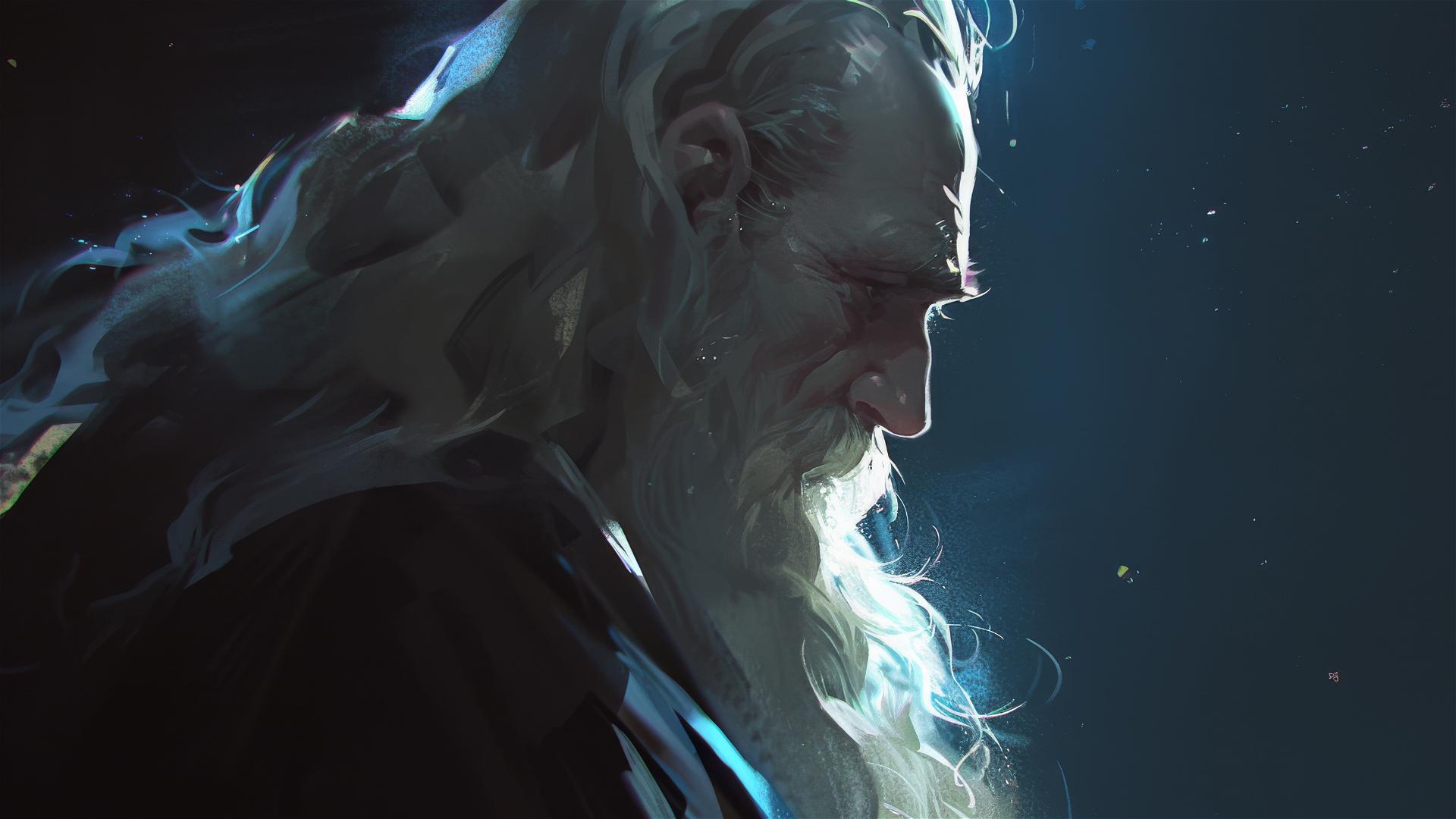 Illustration of Dumbledore with dark background and spotlight