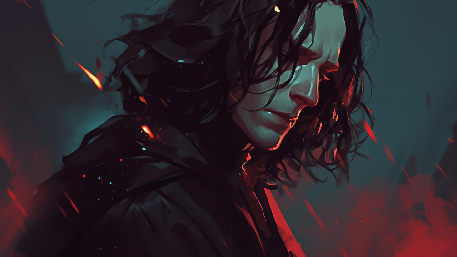 Illustration of Severus Snape with dark background and spotlight effect