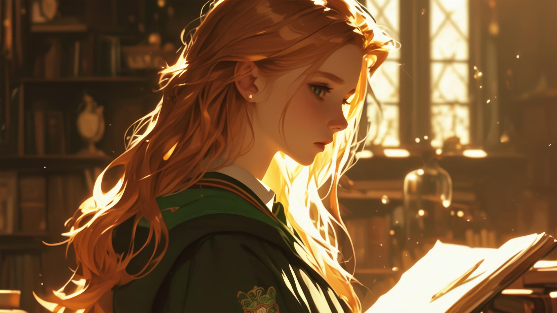 Artistic illustration of Ginny Weasley with dark background and spotlight effect