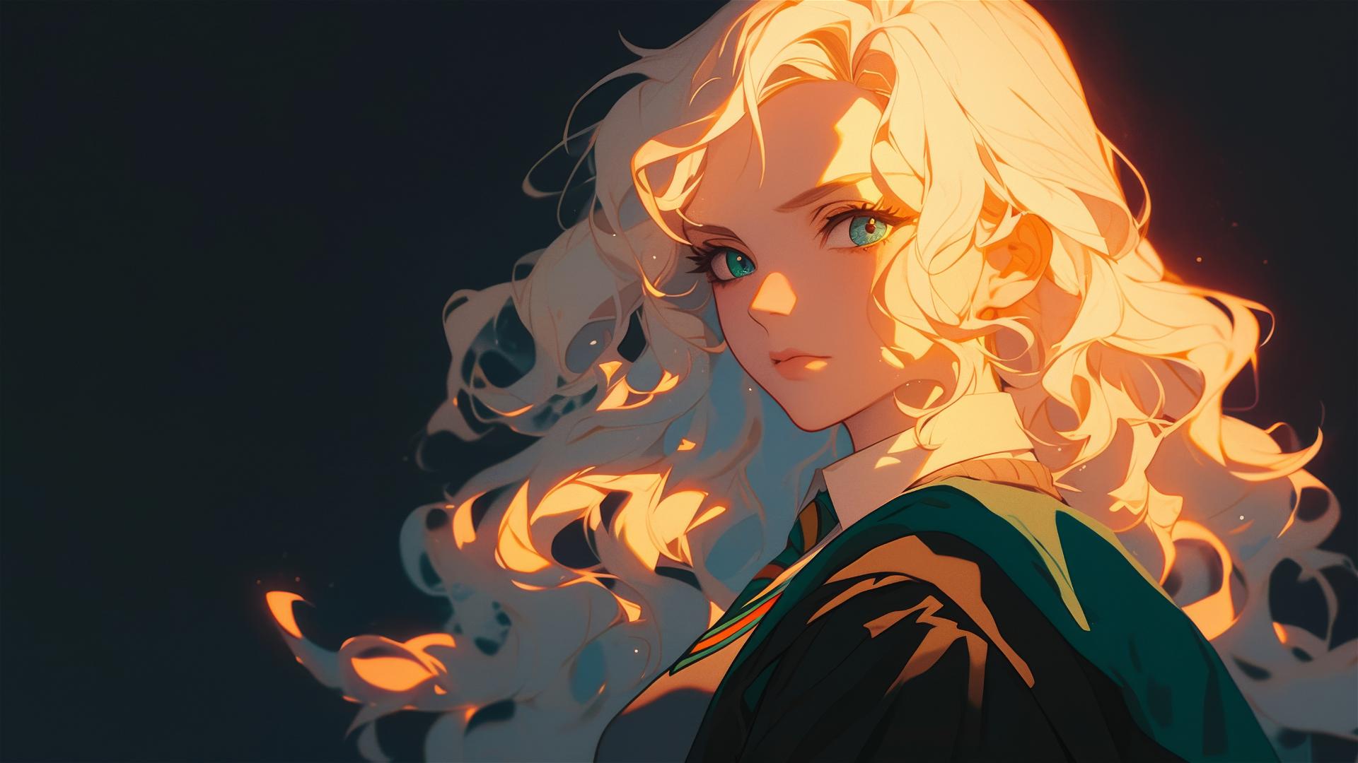 Luna Lovegood drawing on dark background with spotlight