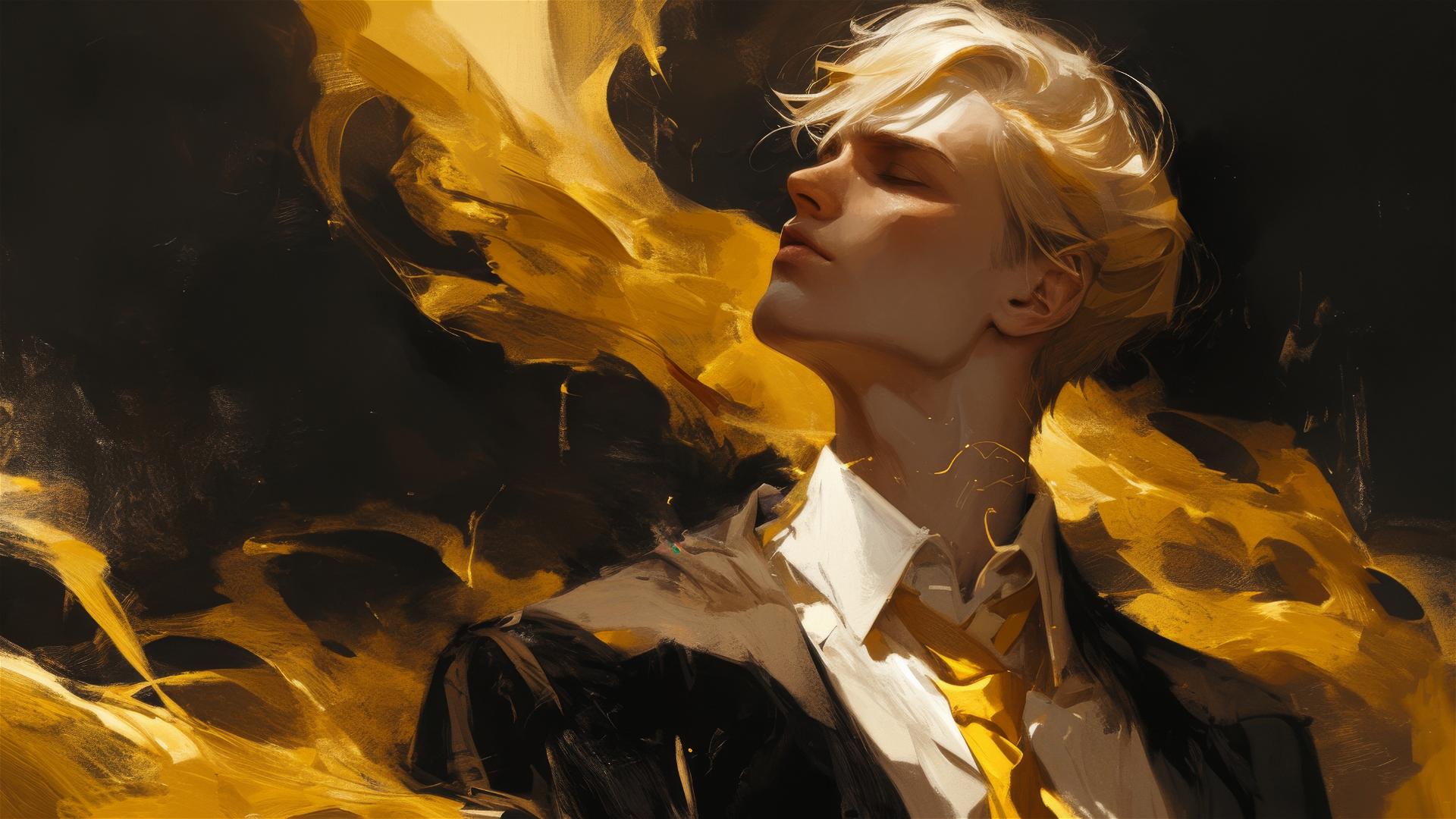 Draco Malfoy illustration with golden hair and spotlight on dark background