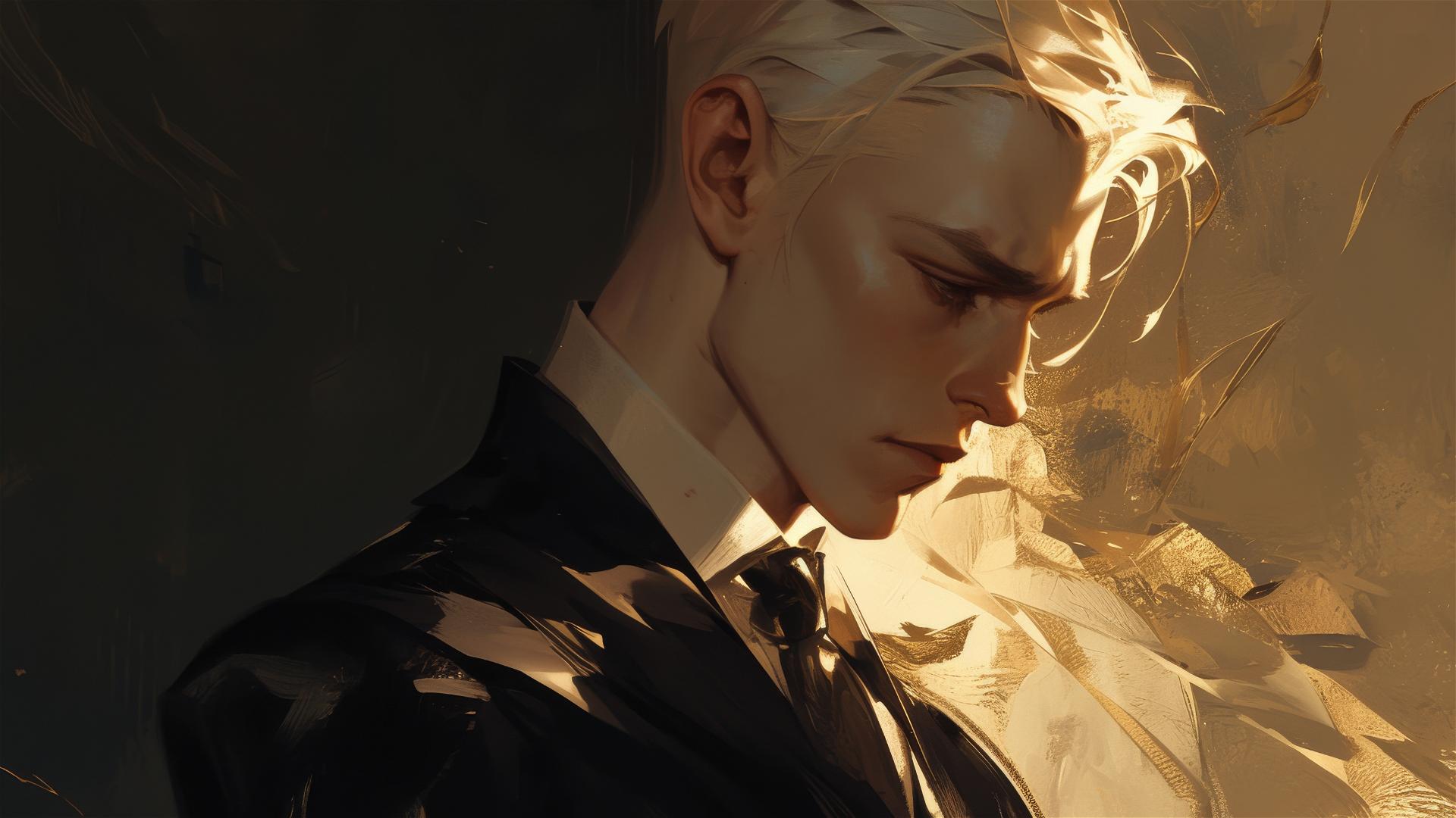 Handsome Draco Malfoy illustration with gold hair on dark background