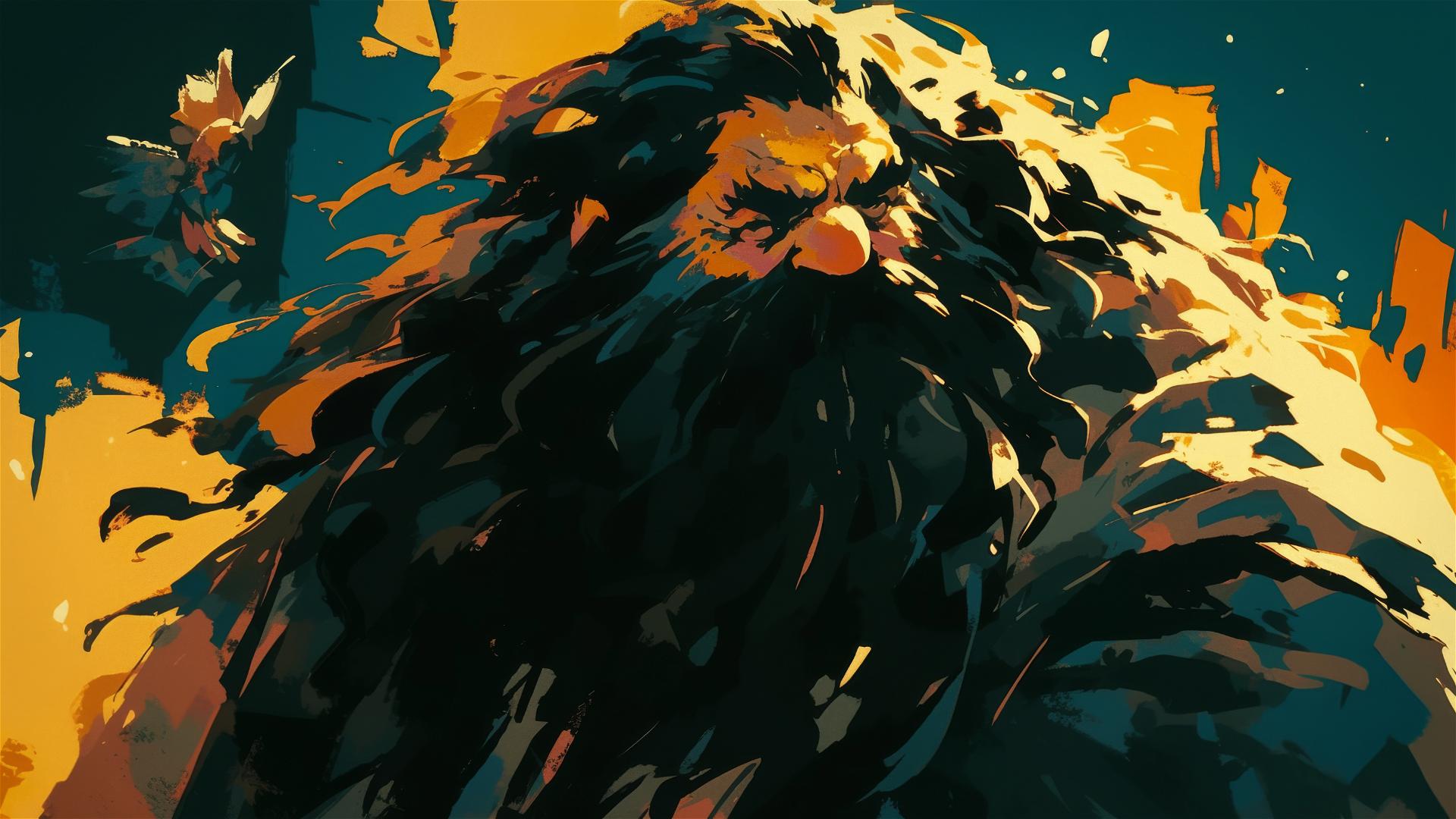 Artistic illustration of Hagrid with a dark background and spotlight effect