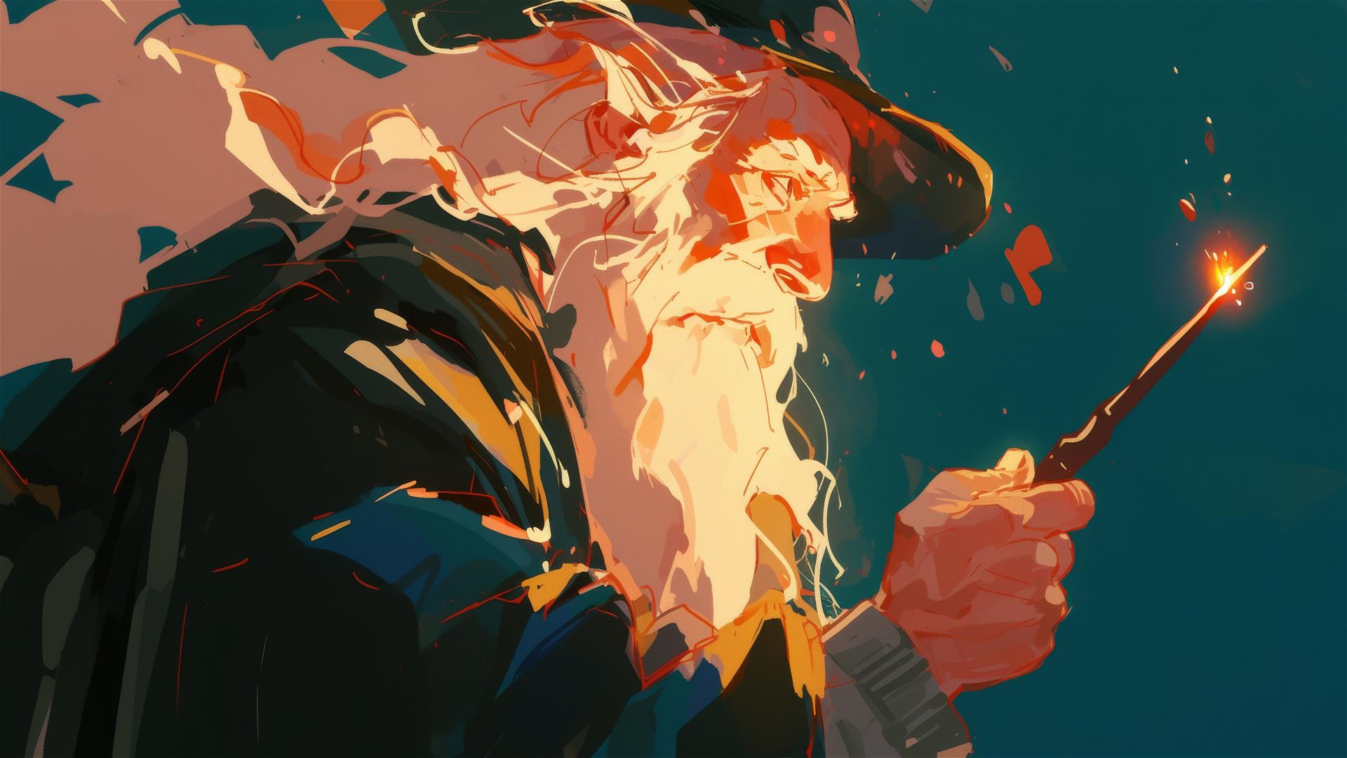 Artistic illustration of Professor Dumbledore from Harry Potter with spotlight effect on dark background