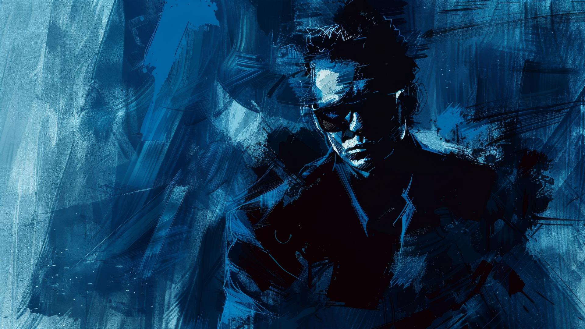 Sharp character with sunglasses in deep blue hues amid black brushstrokes